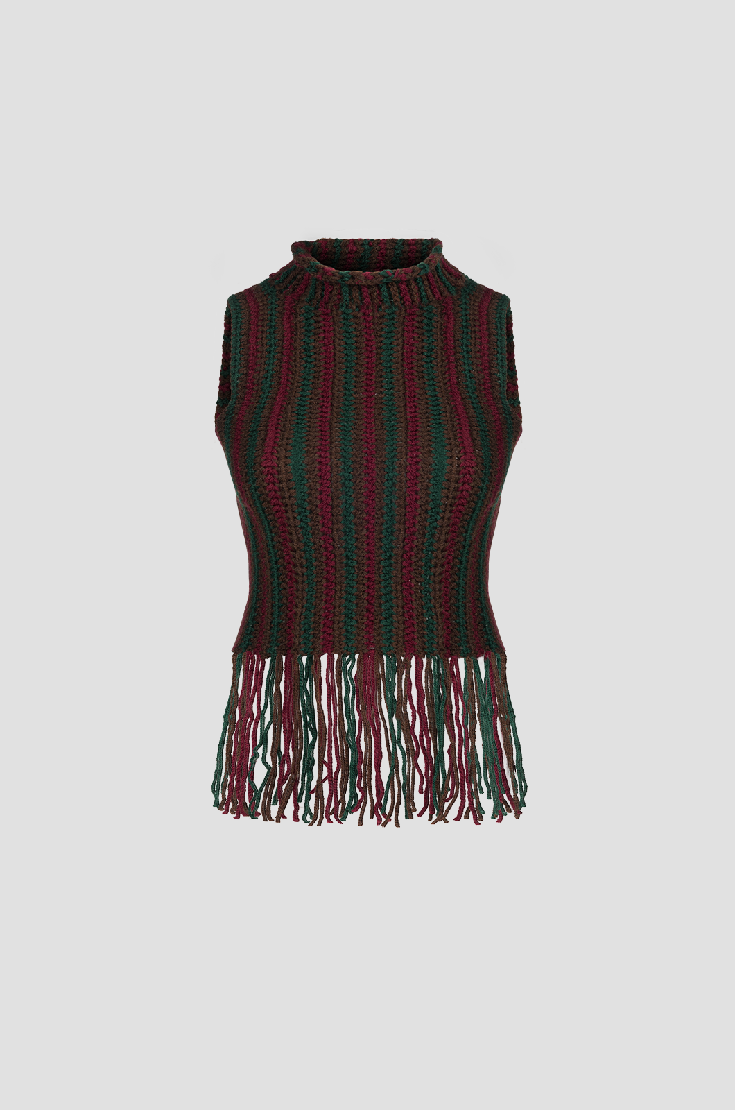 Sleeveless High Neck Fringed Crochet - Burgundy x Green