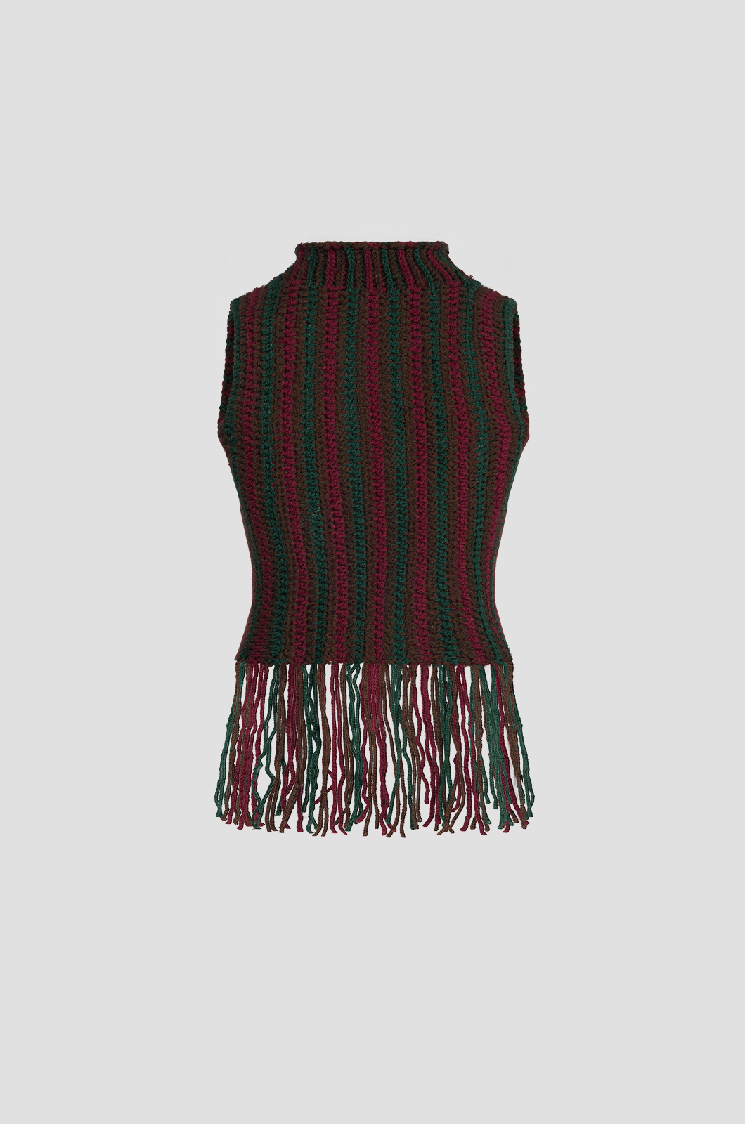 Sleeveless High Neck Fringed Crochet - Burgundy x Green