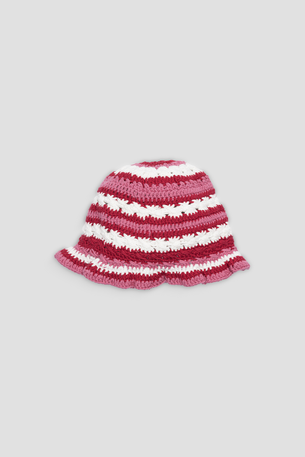 Crochet Bucket Hat - Light Pink, Red & Off White