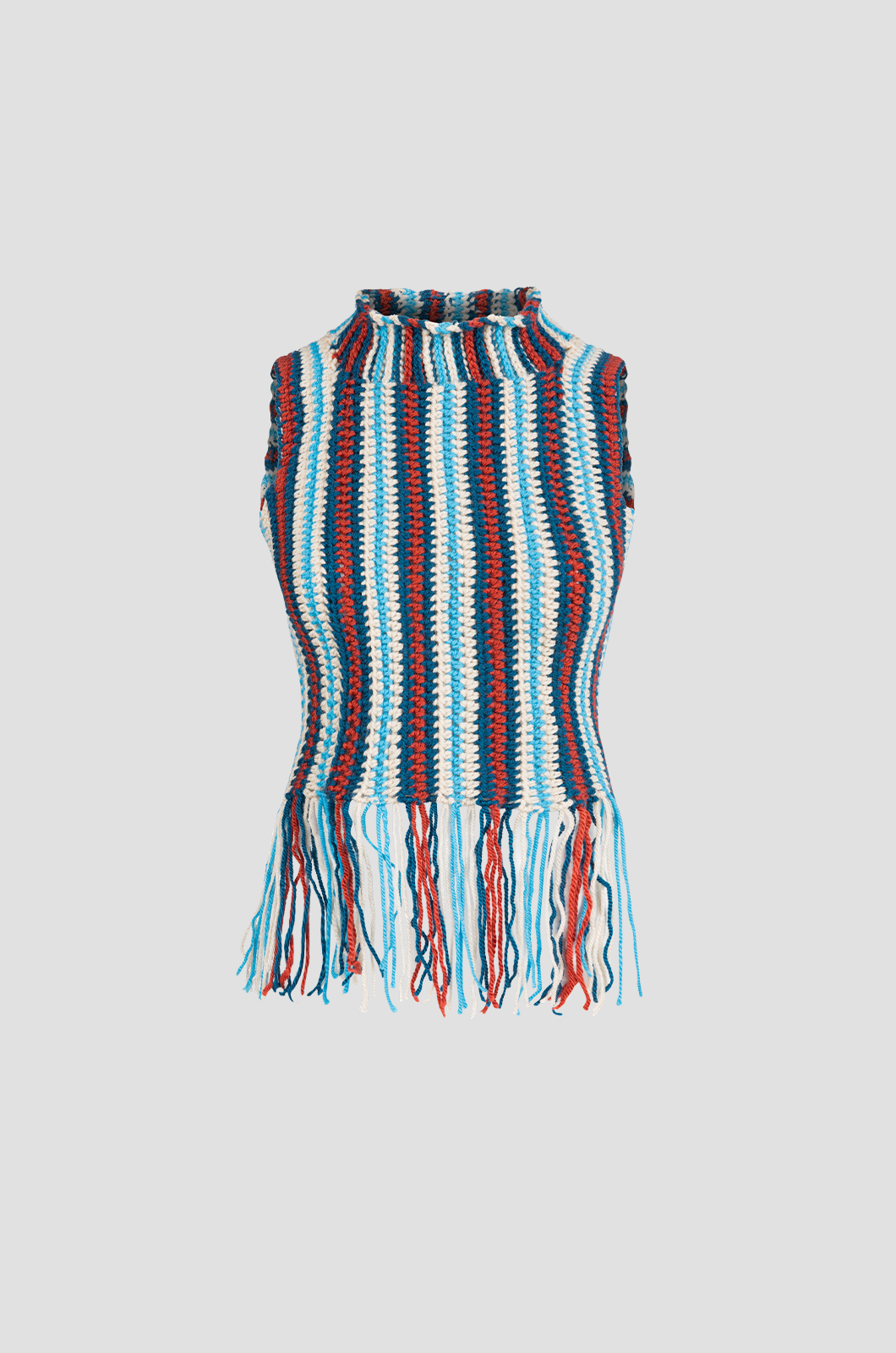 Sleeveless High Neck Fringed Crochet - Blue x Red