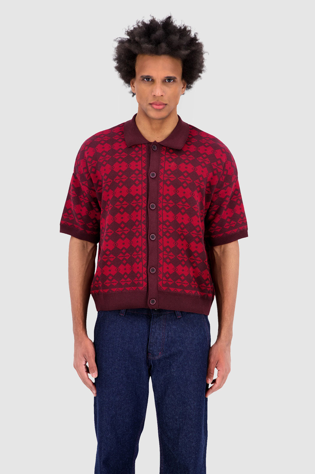 Button Down Polo - Red Jacquard