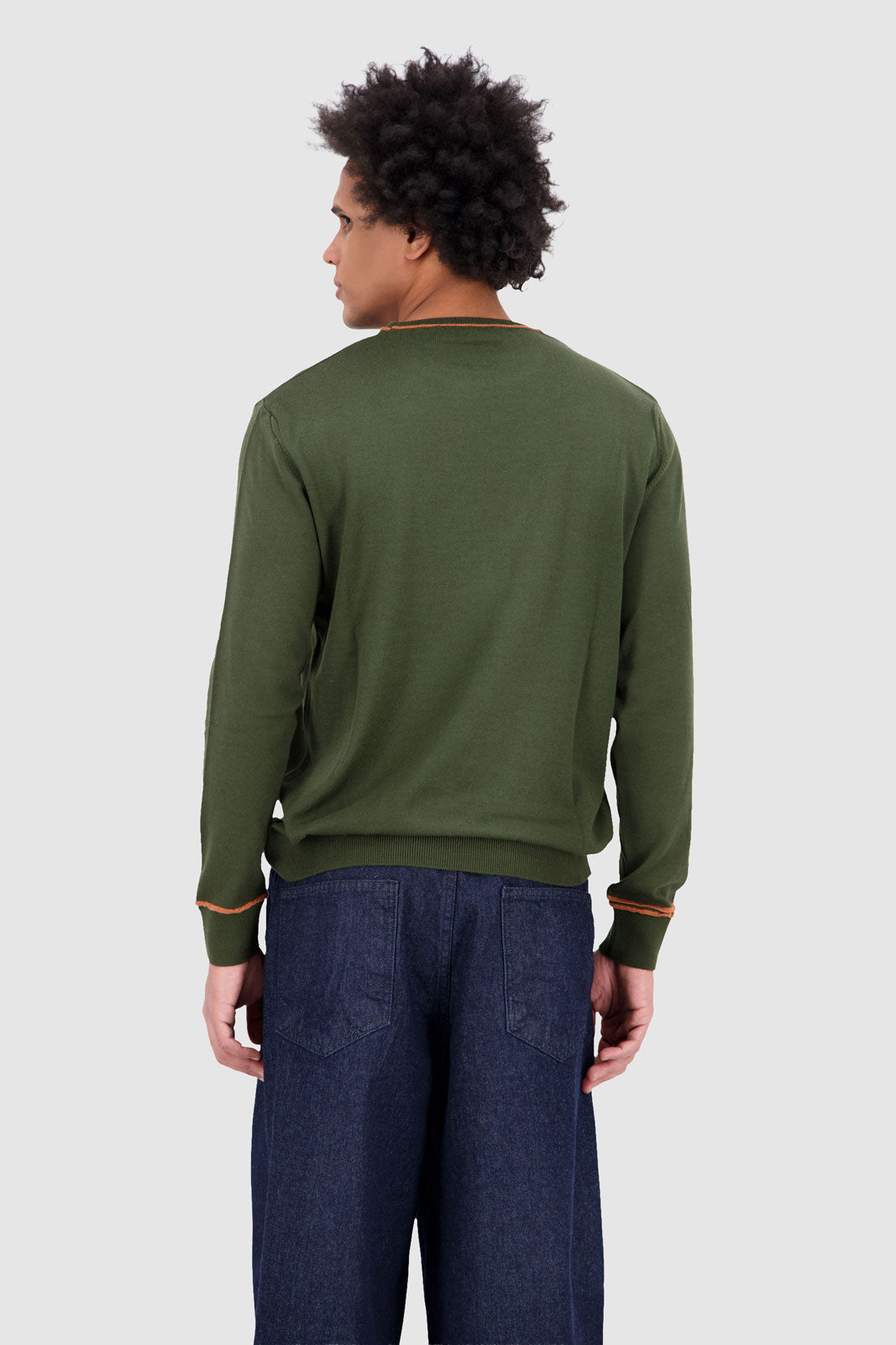 Long Sleeves Contrast T-Shirt - Olive With Orange