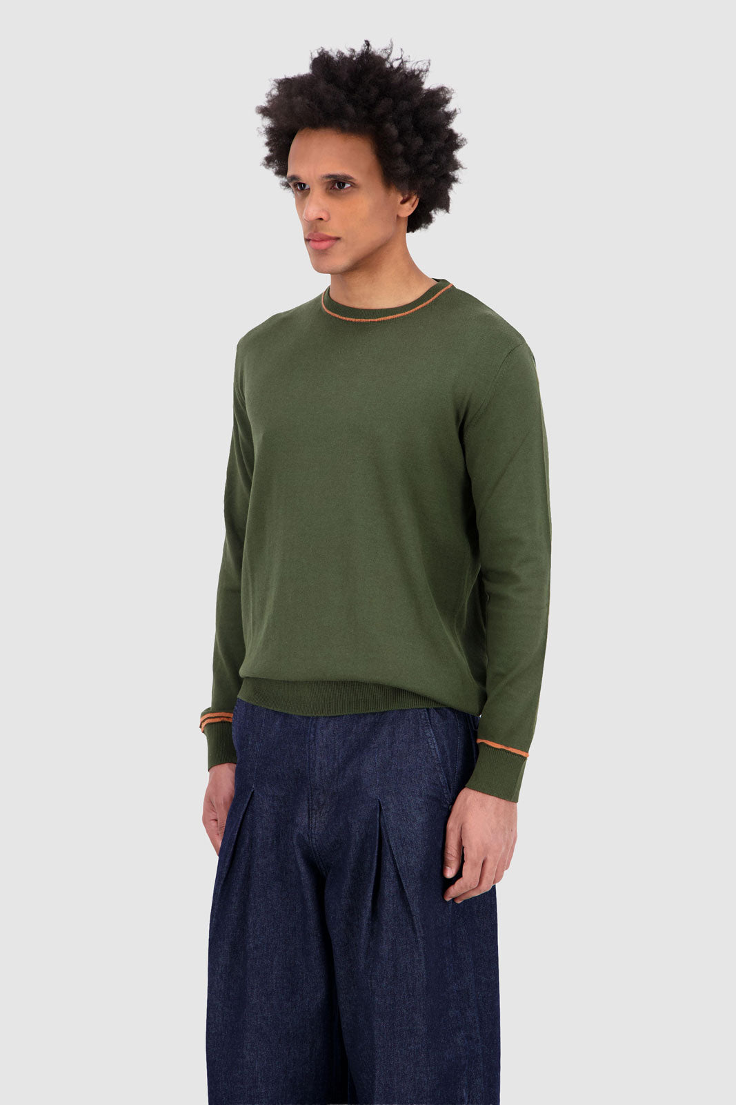 Long Sleeves Contrast T-Shirt - Olive With Orange
