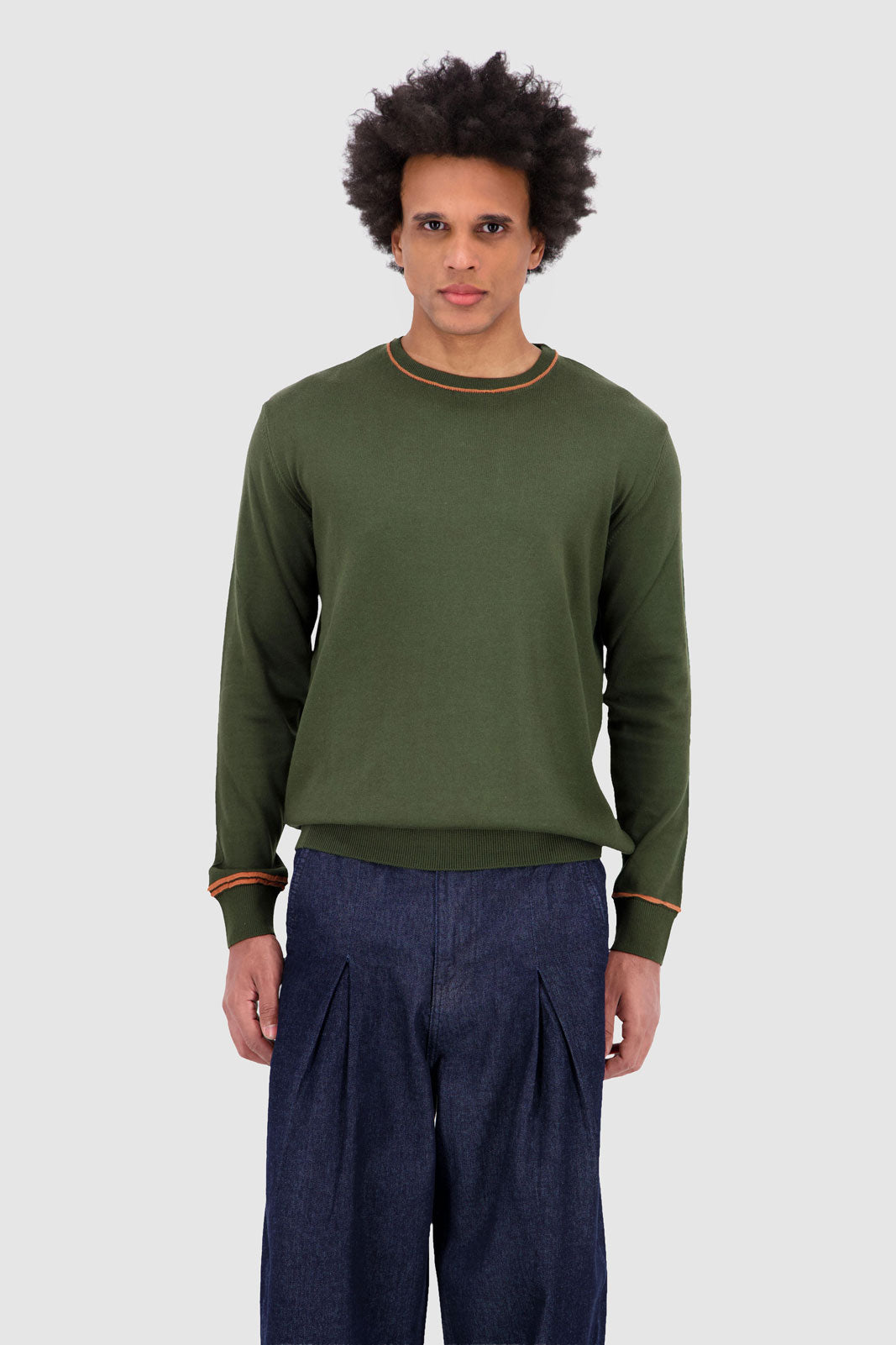 Long Sleeves Contrast T-Shirt - Olive With Orange