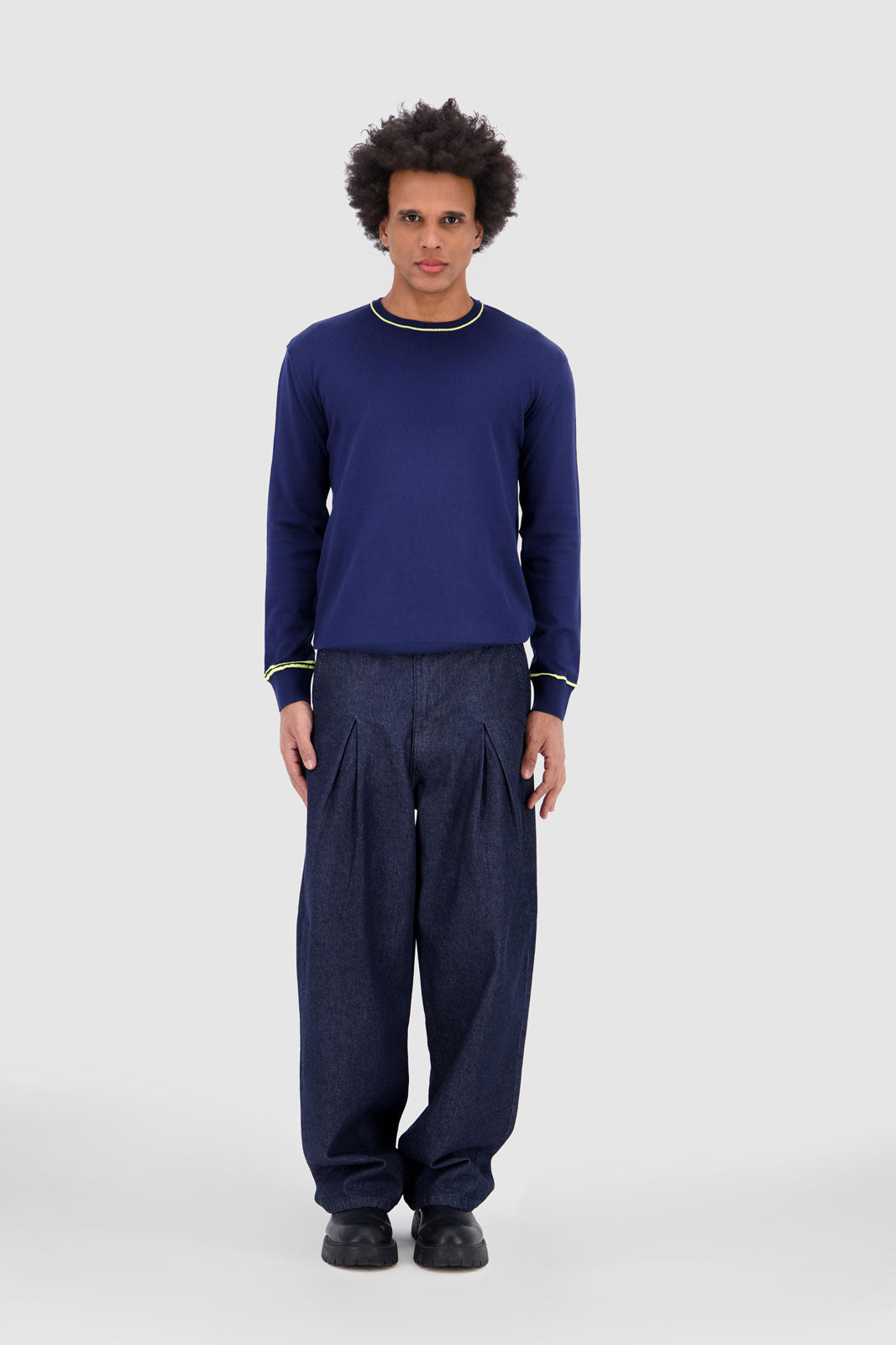 Long Sleeves Contrast T-Shirt - Navy With Yellow