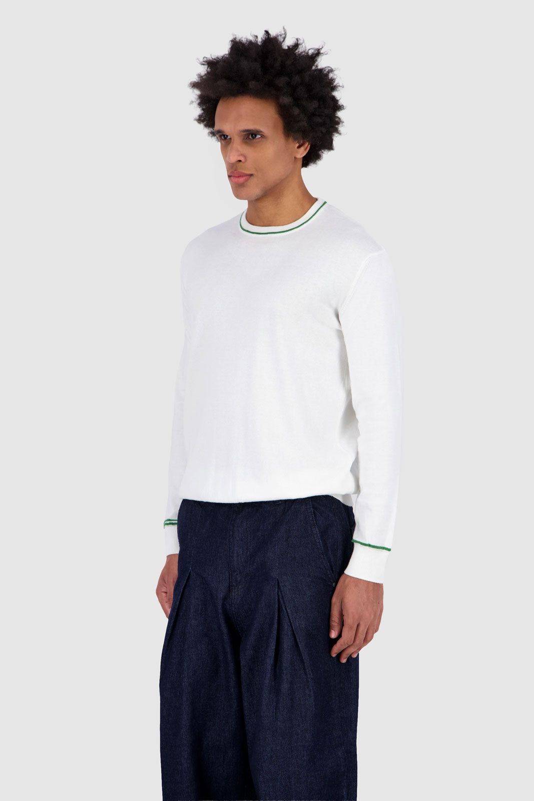Long Sleeves Contrast T-Shirt - Off white With Green