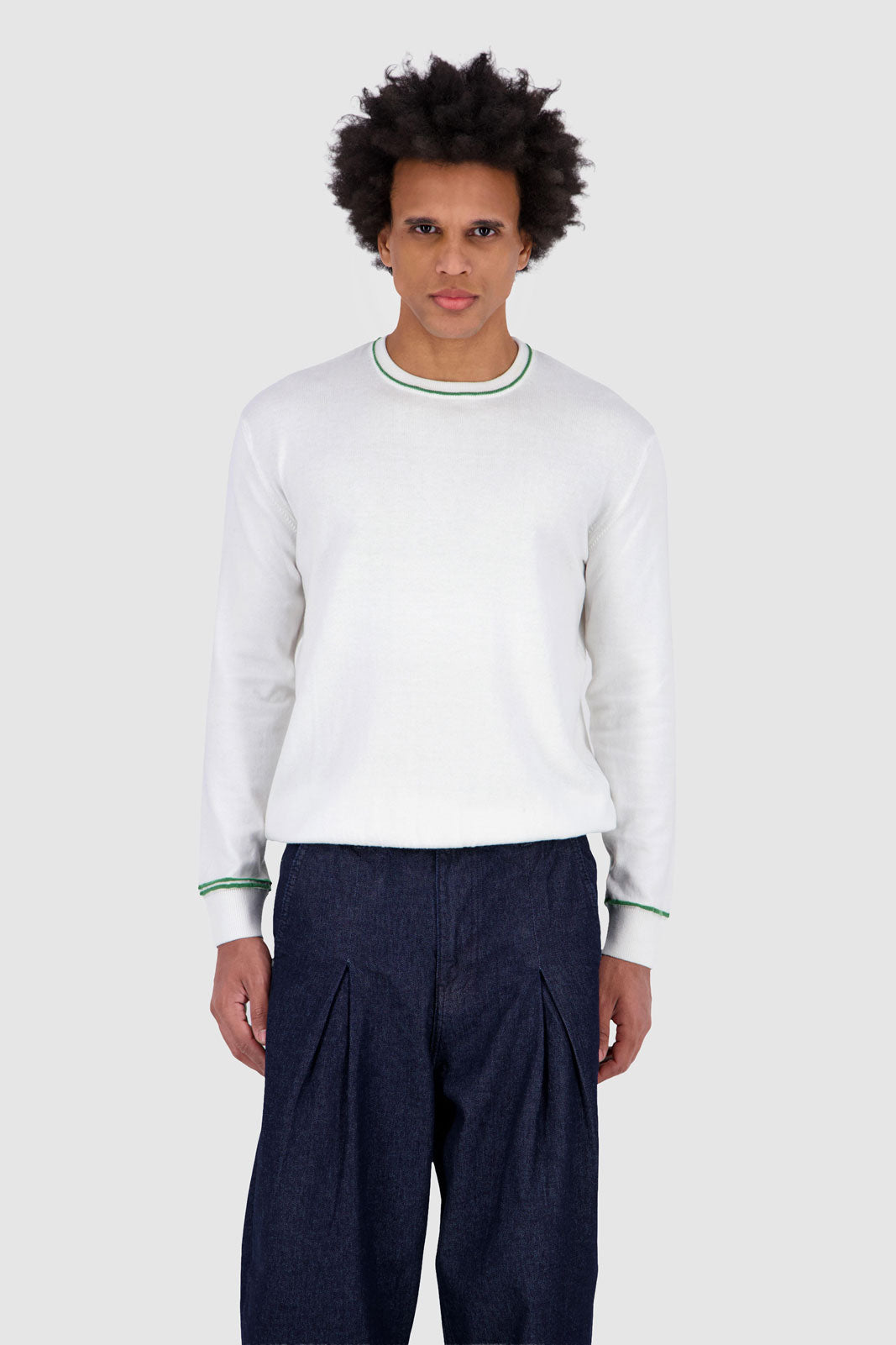 Long Sleeves Contrast T-Shirt - Off white With Green