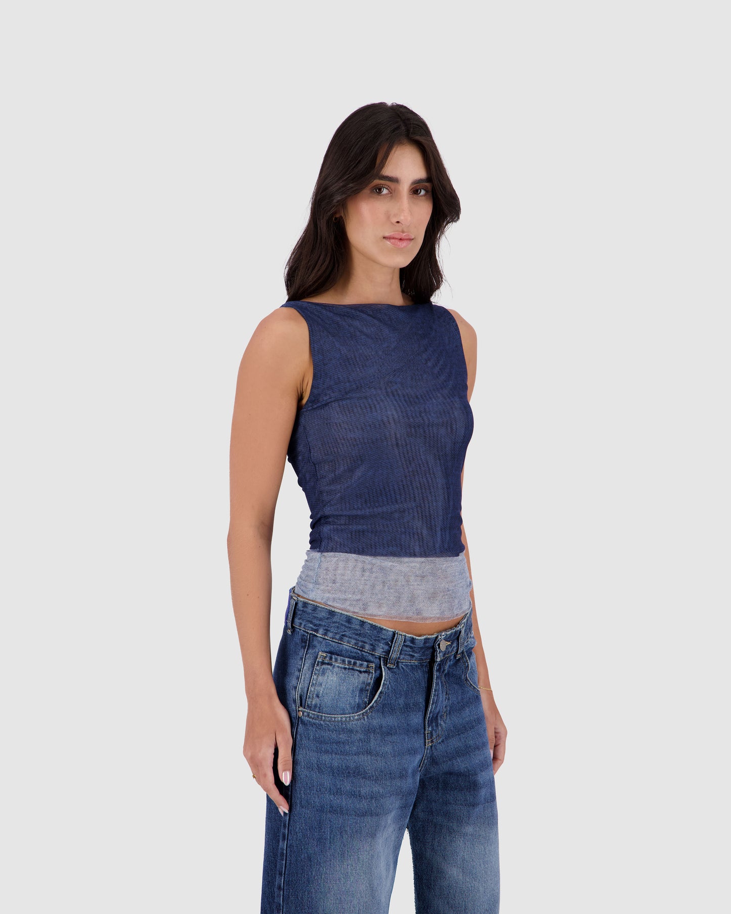 Sheer Denim Top -Medium Blue