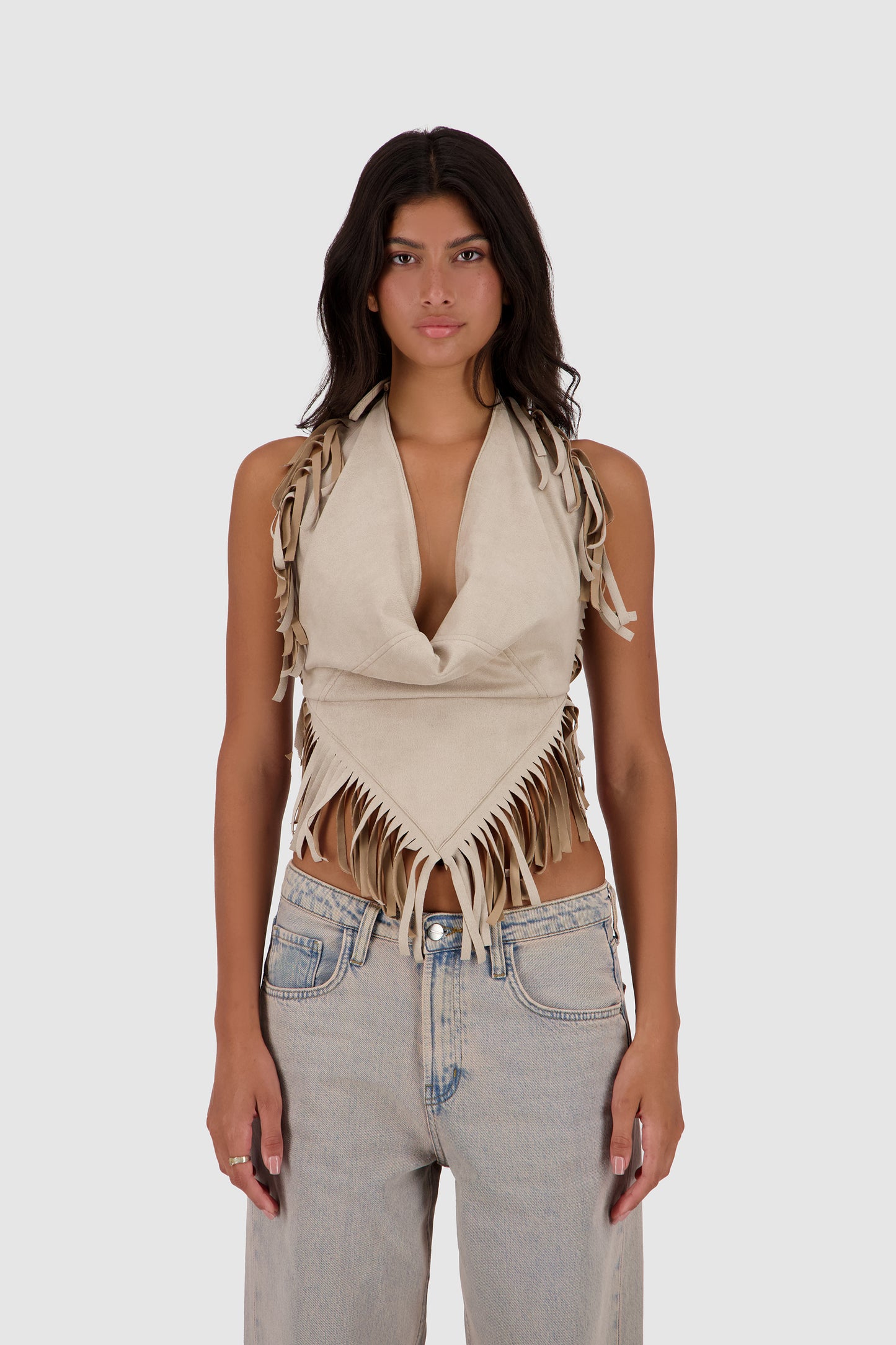 Suede Fringed Halter -Beige
