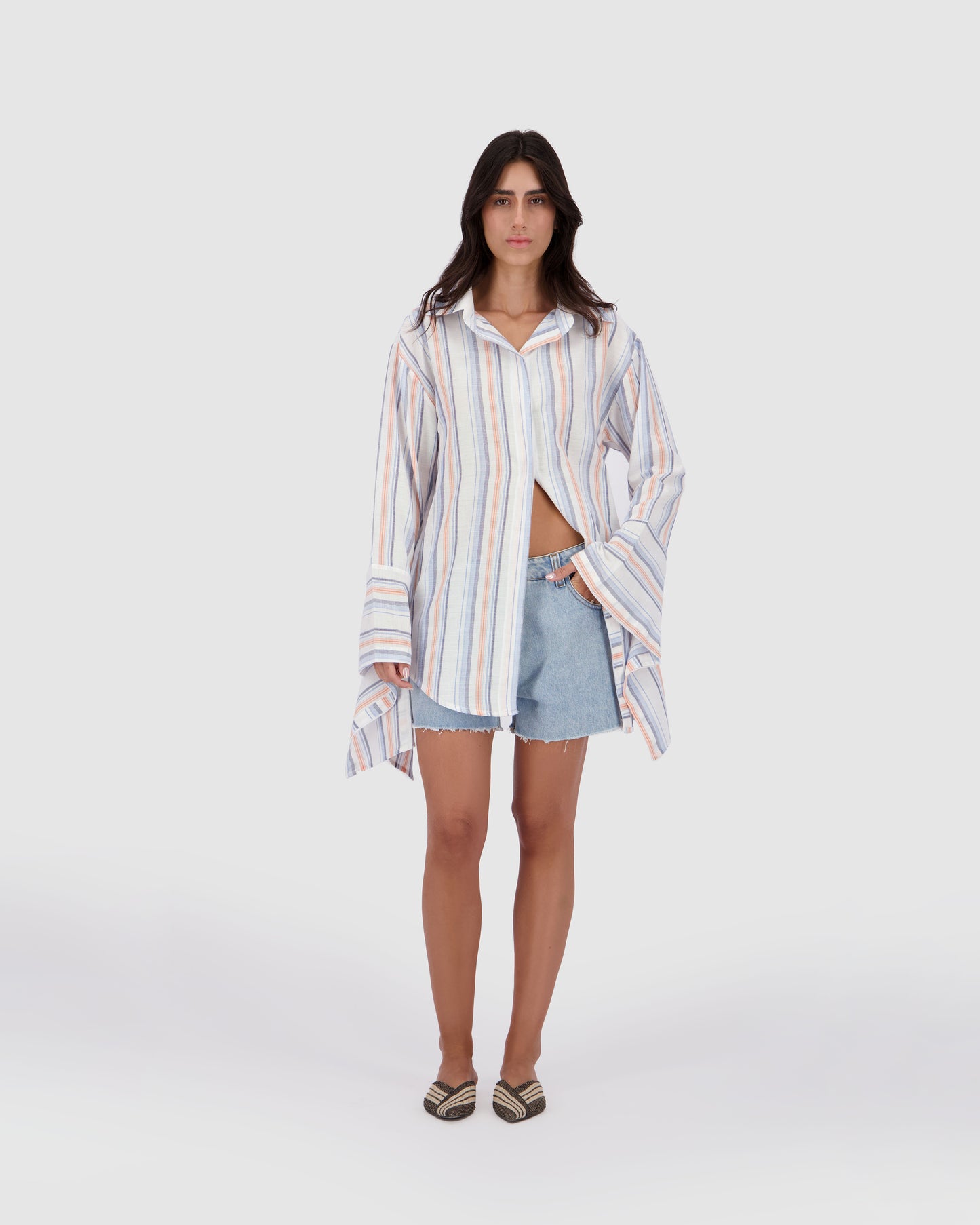 Beach Striped Bound Shirt -Blue x Salmon