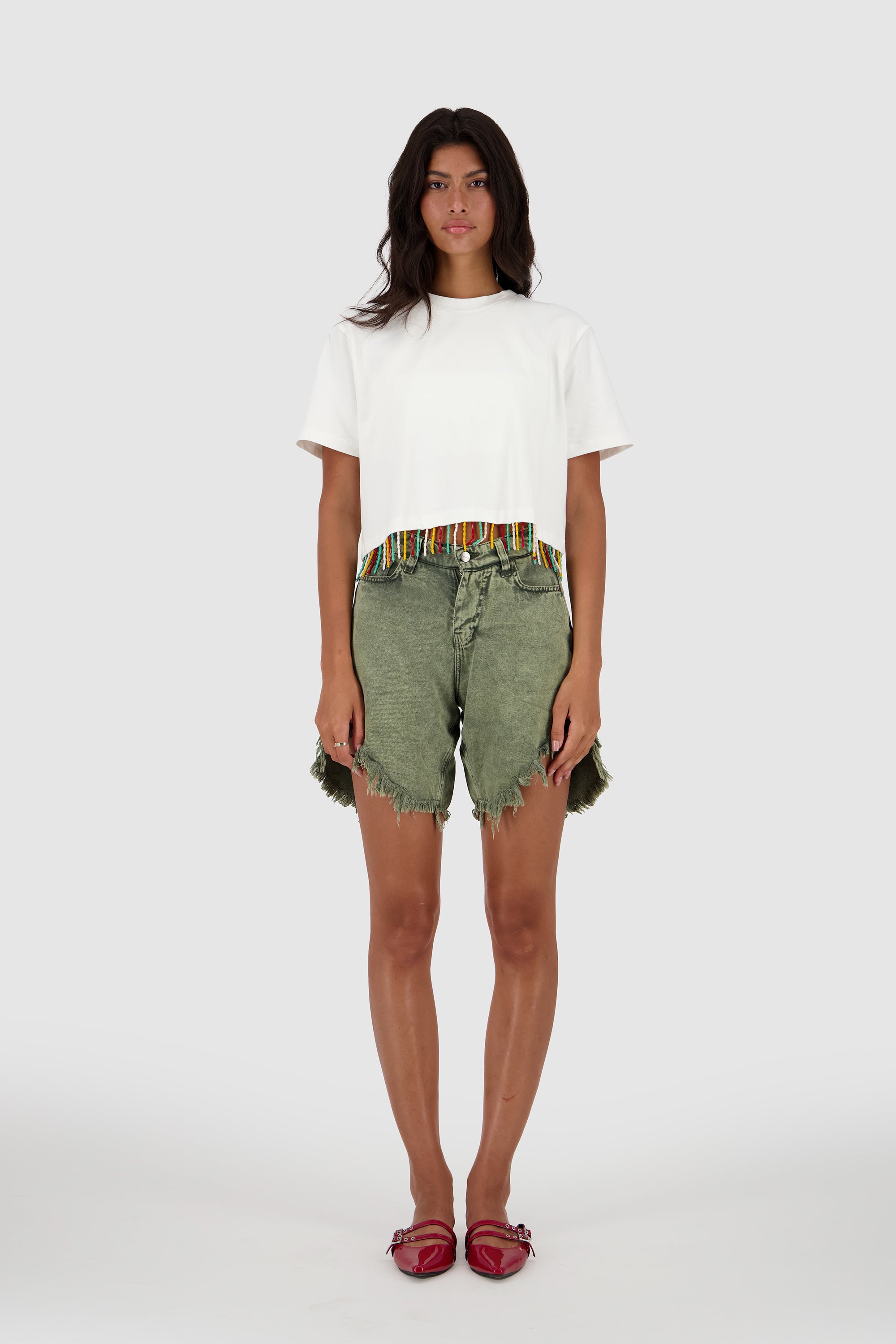 Beaded Fringed Tee -White x Yellow