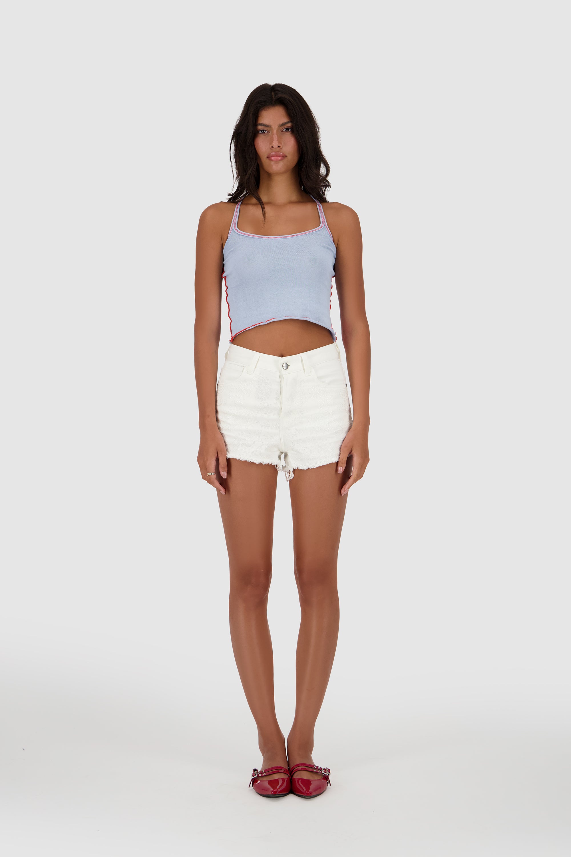 Stitch Knit Tank -Baby Blue x Valiant Red