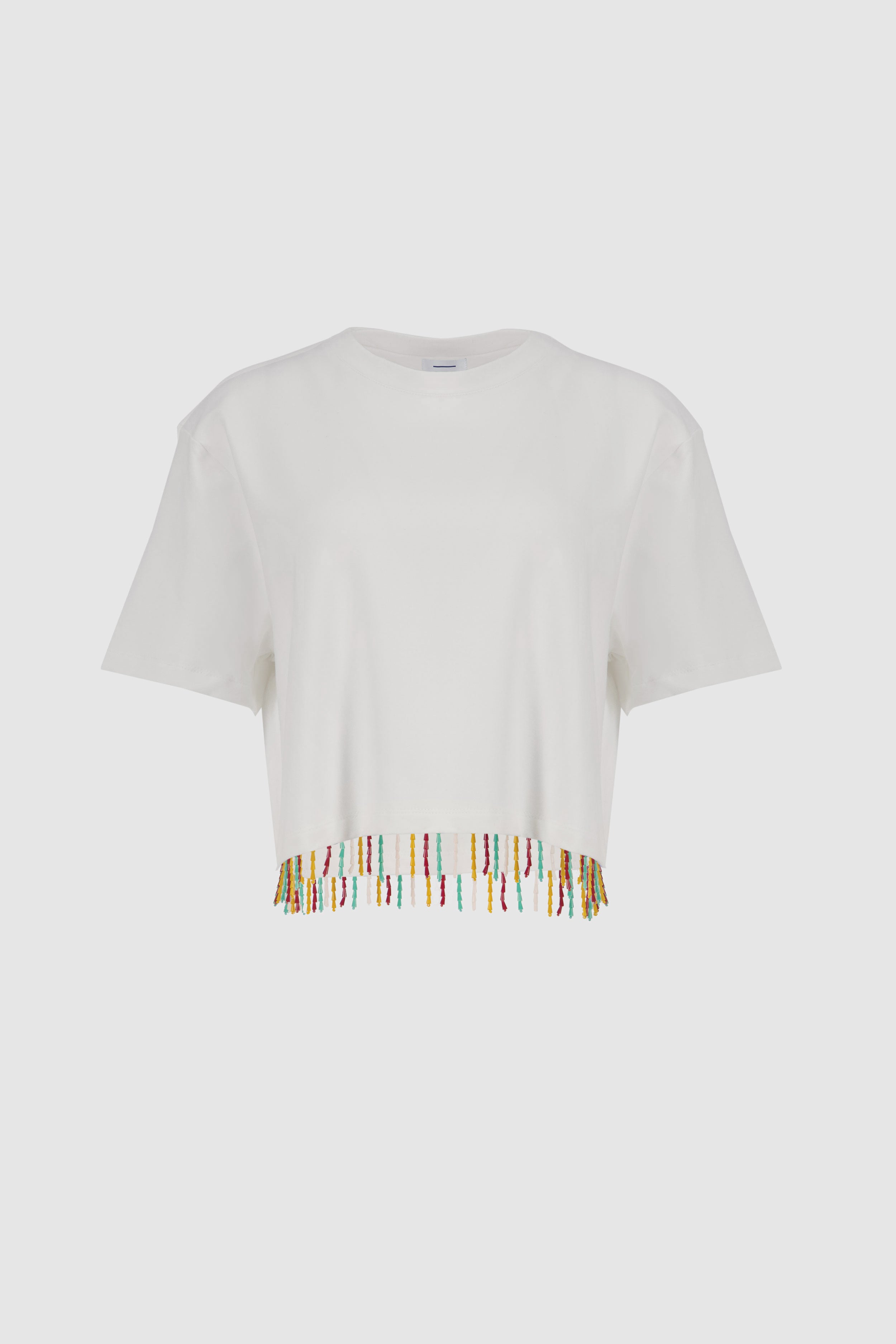 Beaded Fringed Tee -White x Yellow
