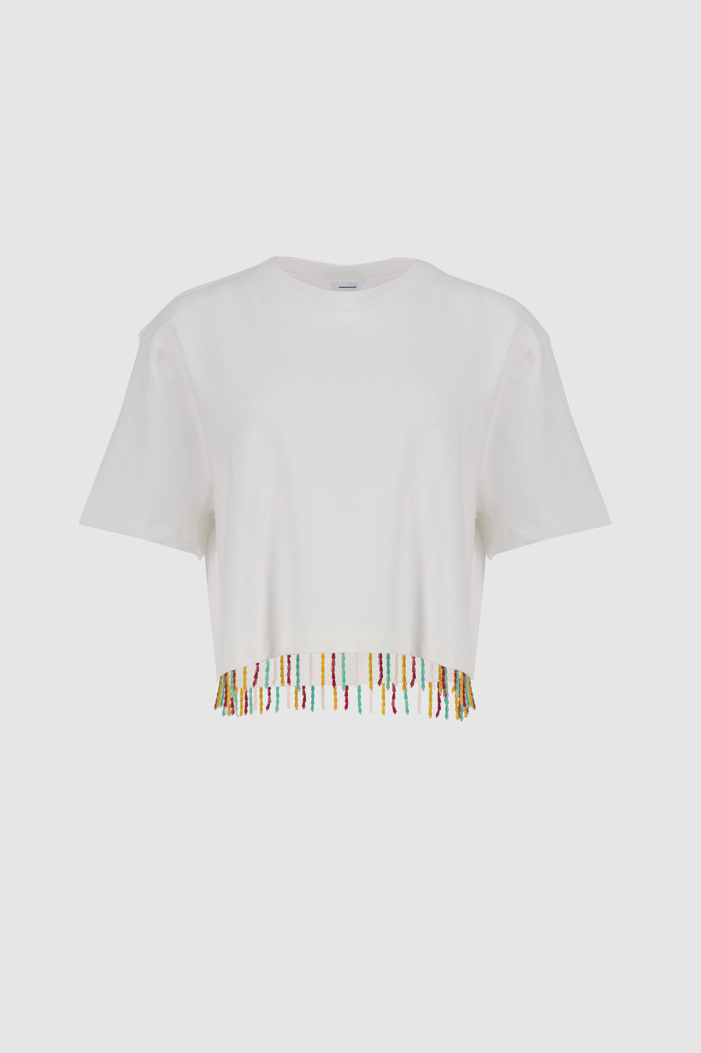 Beaded Fringed Tee -White x Yellow