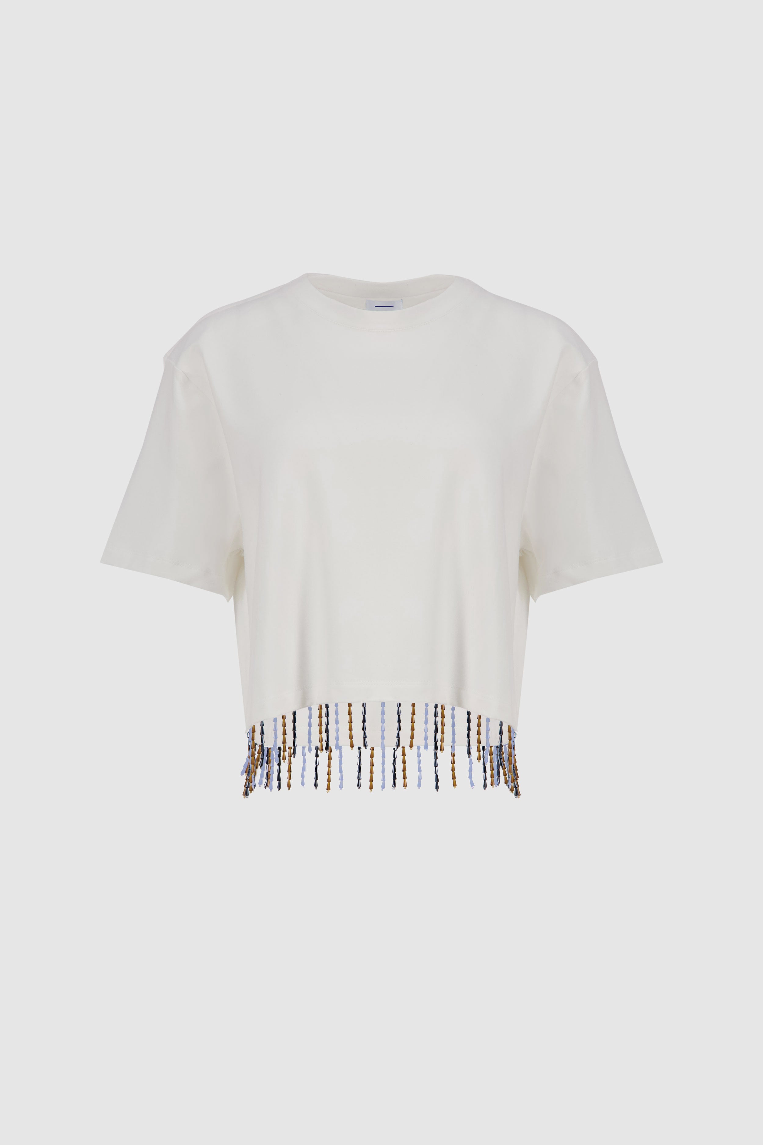 Beaded Fringed Tee -White x Blue