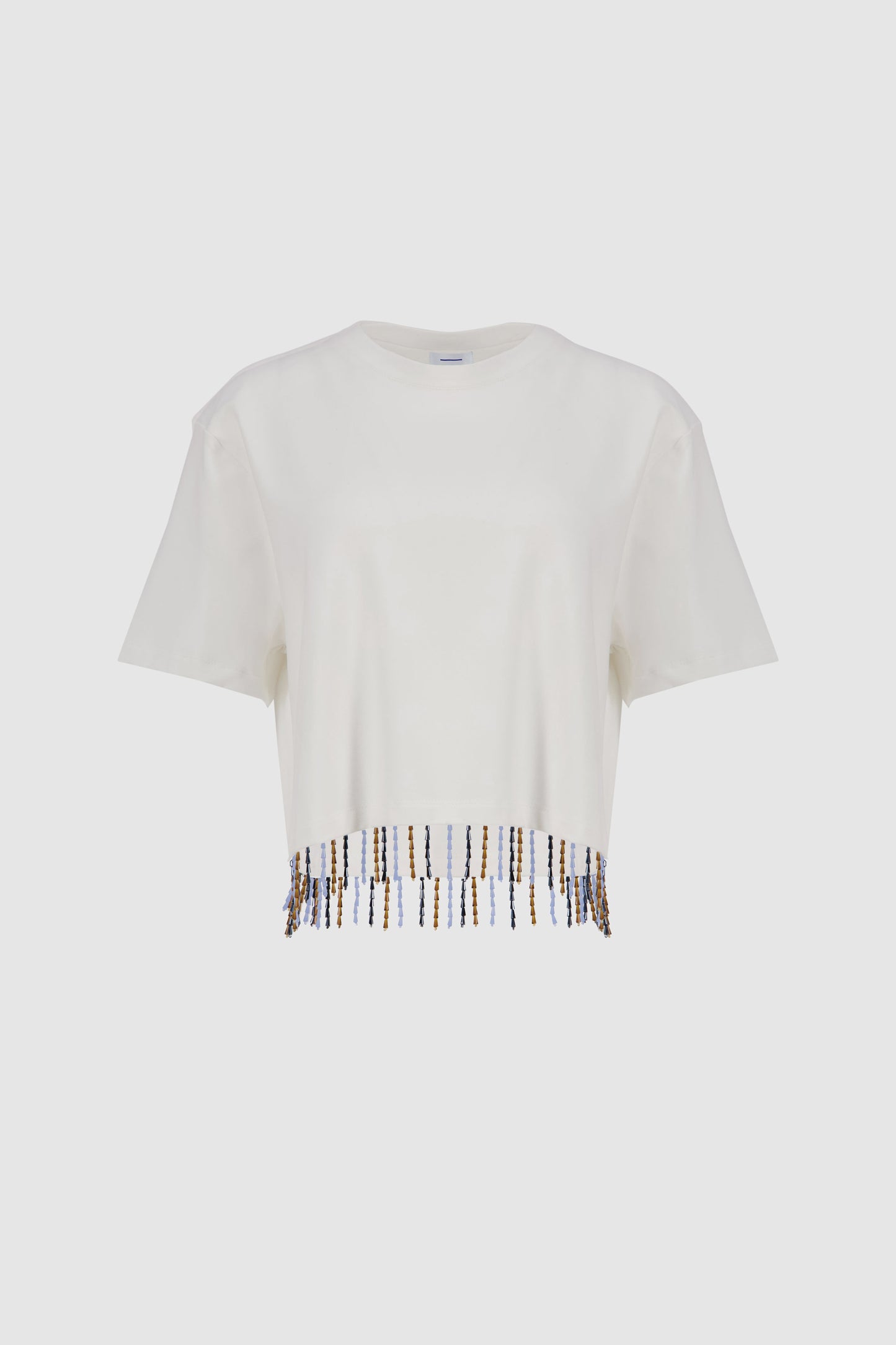Beaded Fringed Tee -White x Blue