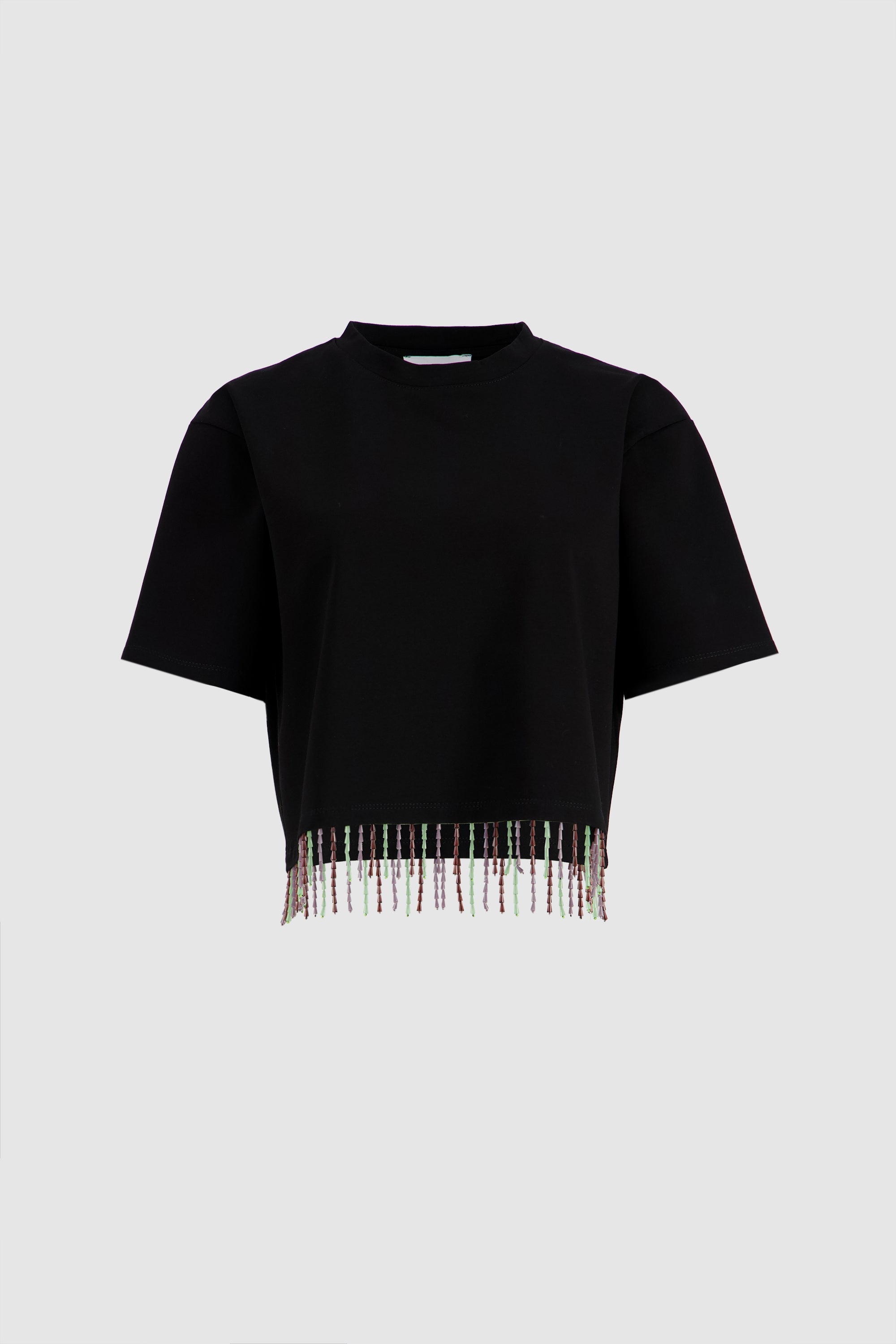 Beaded Fringed Tee -Black x Multicolor