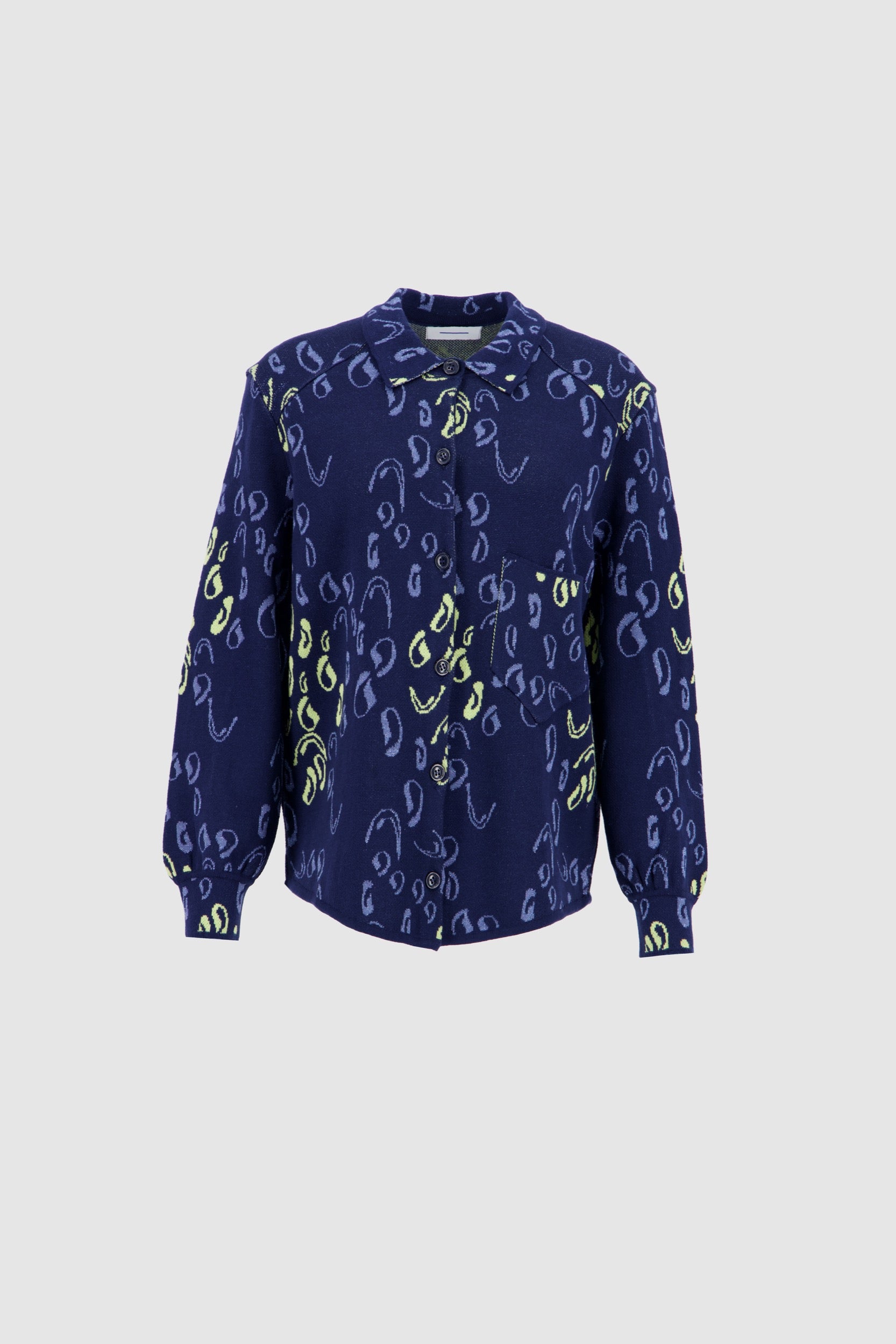 Button Down Jacquard Shirt Cardigan-NavyxMulticolor