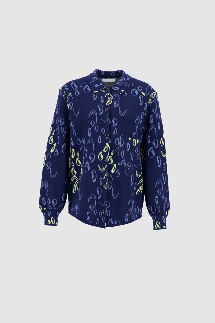 Button Down Jacquard Shirt Cardigan-NavyxMulticolor