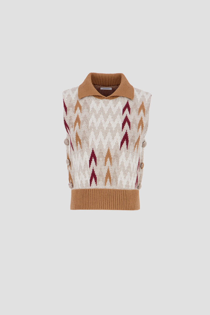 High Neck Open Pullover - Multicolor Beige