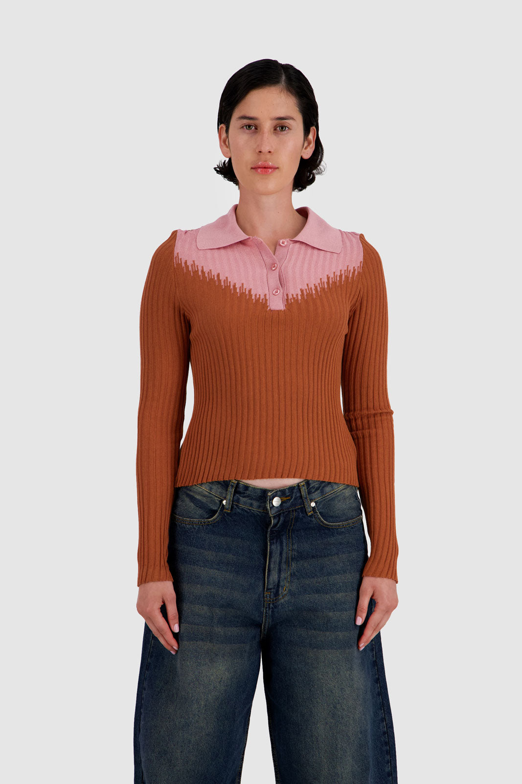 Long Sleeves Two Tones Polo - Cappuccino x Red Ochre