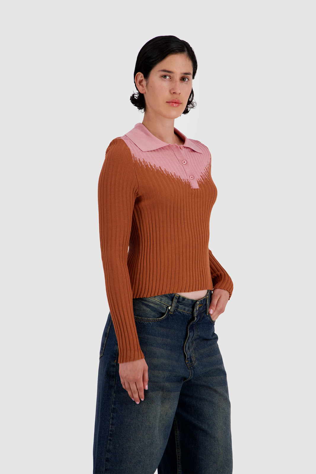 Long Sleeves Two Tones Polo - Cappuccino x Red Ochre