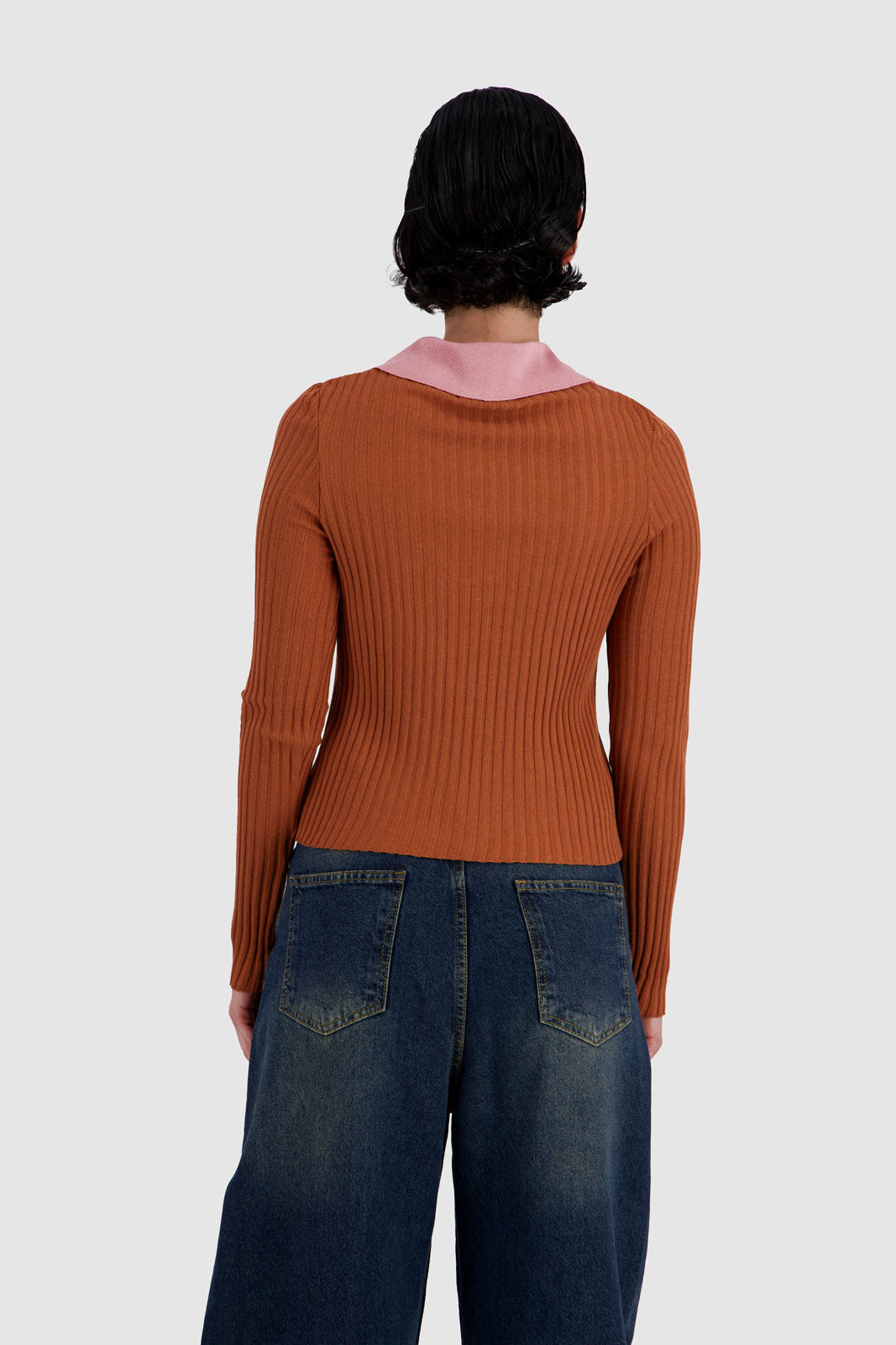 Long Sleeves Two Tones Polo - Cappuccino x Red Ochre