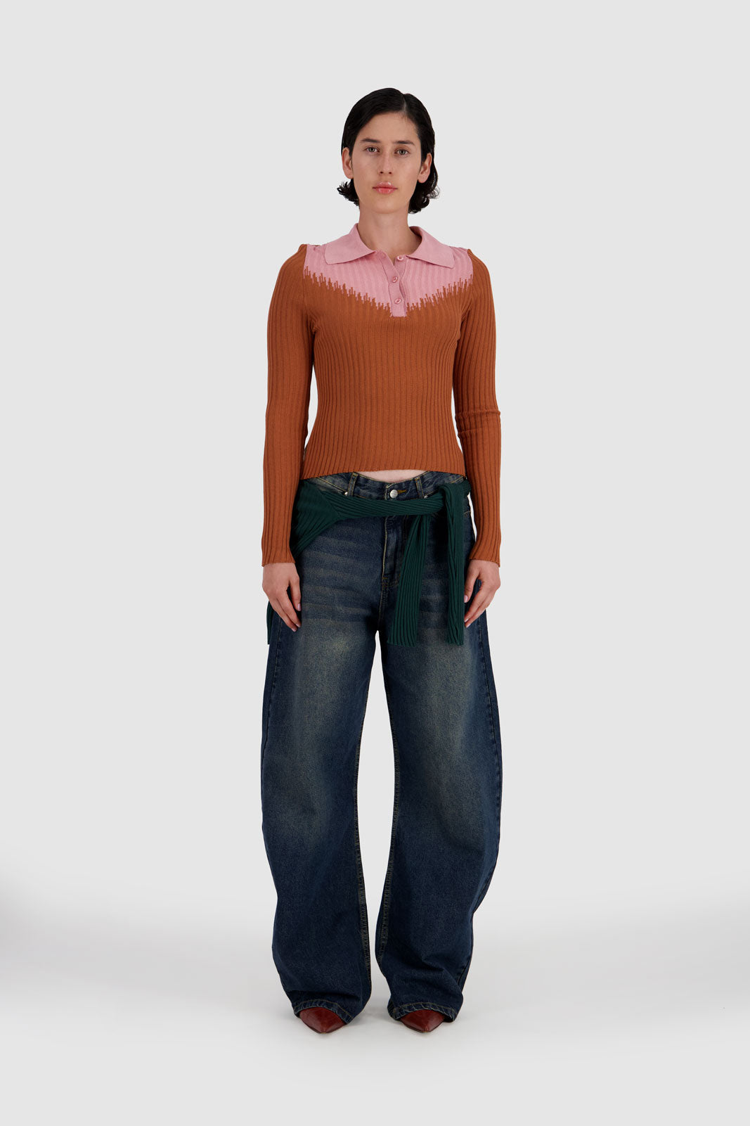 Long Sleeves Two Tones Polo - Cappuccino x Red Ochre