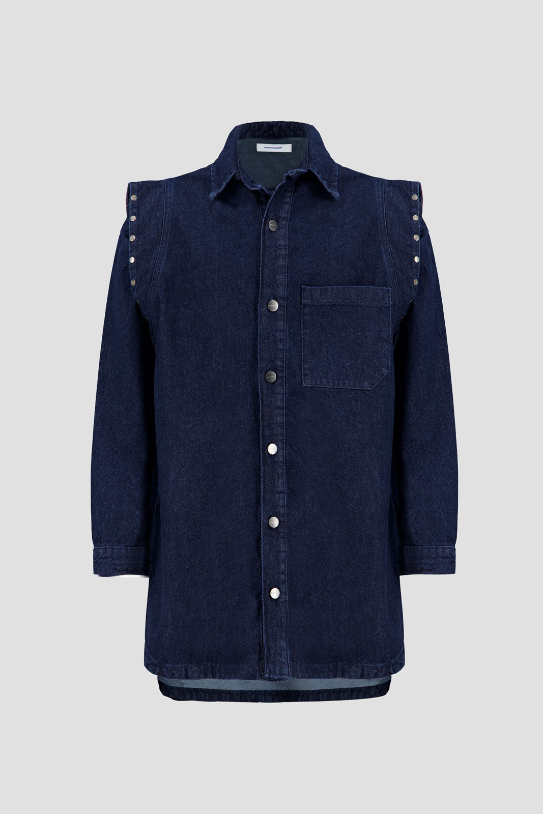 Shirt Dress with Studded Shoulder-Medium Blue Wash