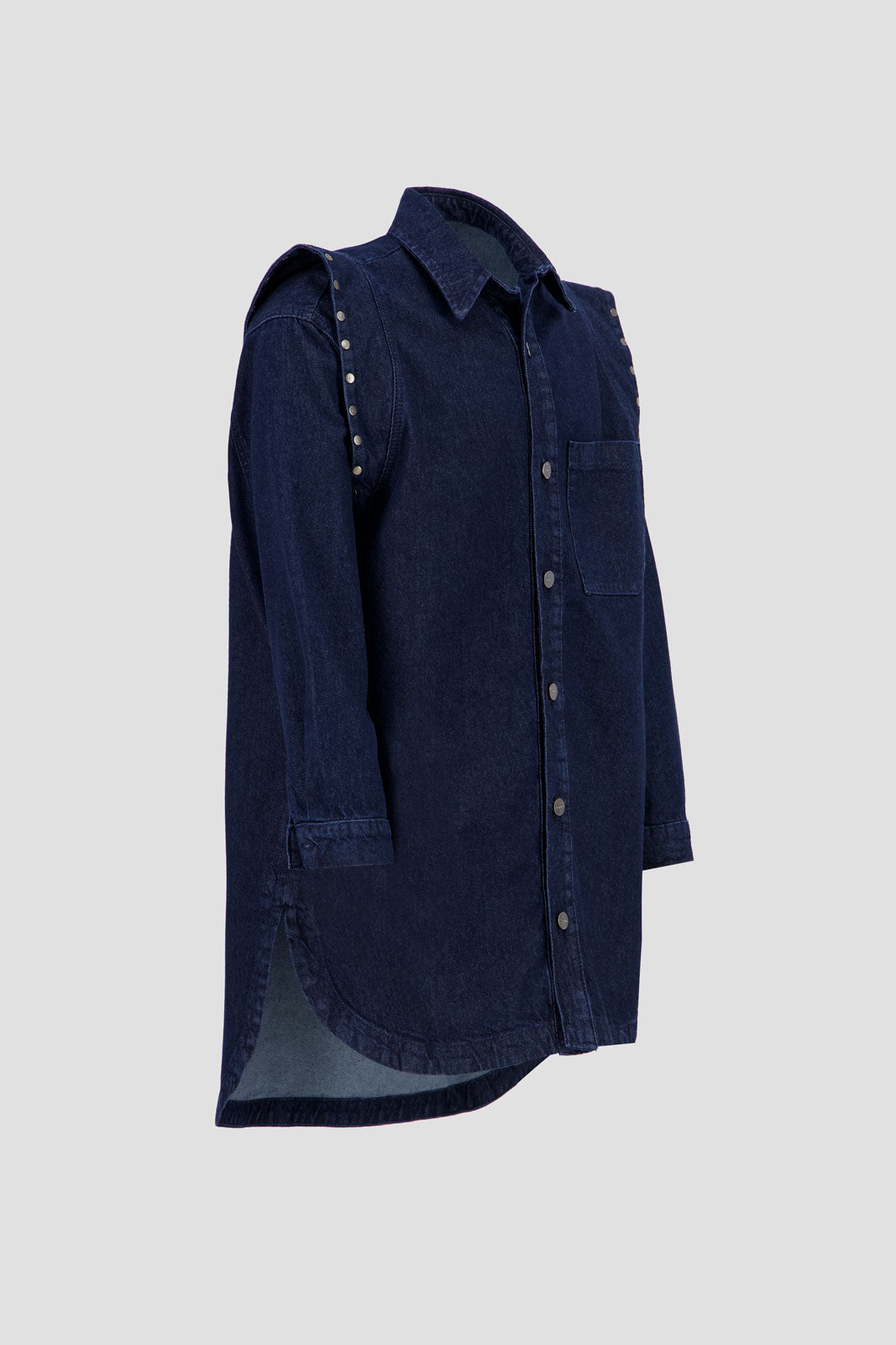 Shirt Dress with Studded Shoulder-Medium Blue Wash