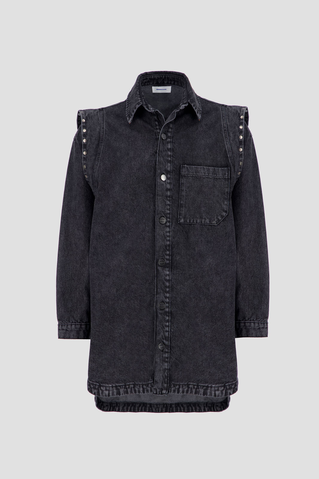 Shirt Dress with Studded Shoulder-Black Stone Wash