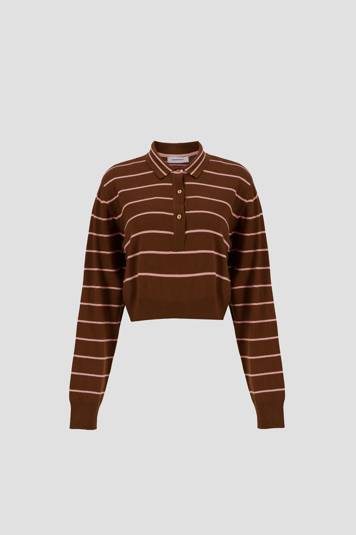 Long Sleeve Cropped Polo - Brown x Pink