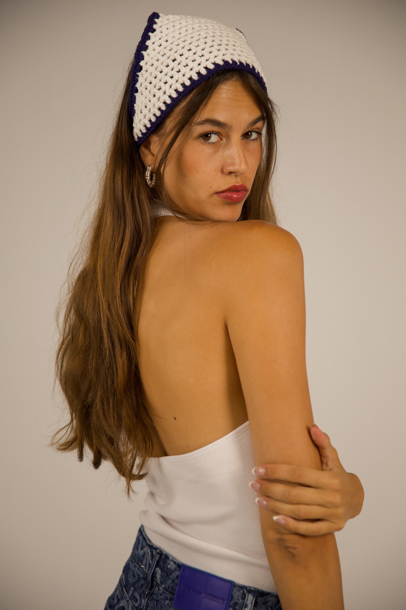 Colorful Crochet Hair Band Blue & Off White