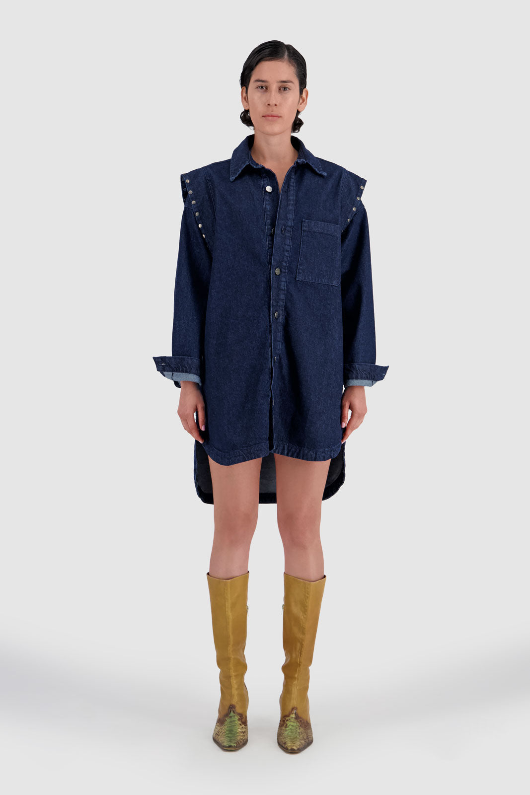 Shirt Dress with Studded Shoulder-Medium Blue Wash