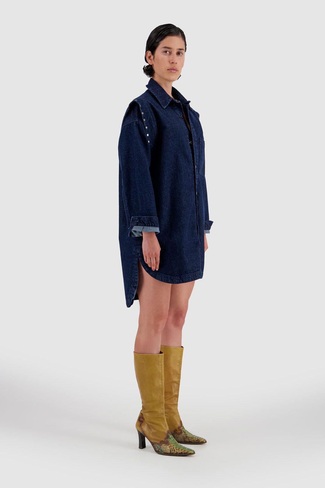 Shirt Dress with Studded Shoulder-Medium Blue Wash
