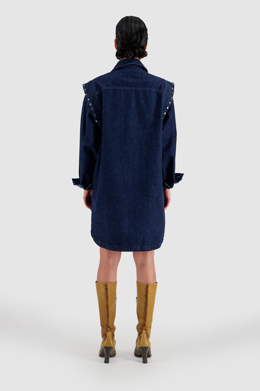 Shirt Dress with Studded Shoulder-Medium Blue Wash