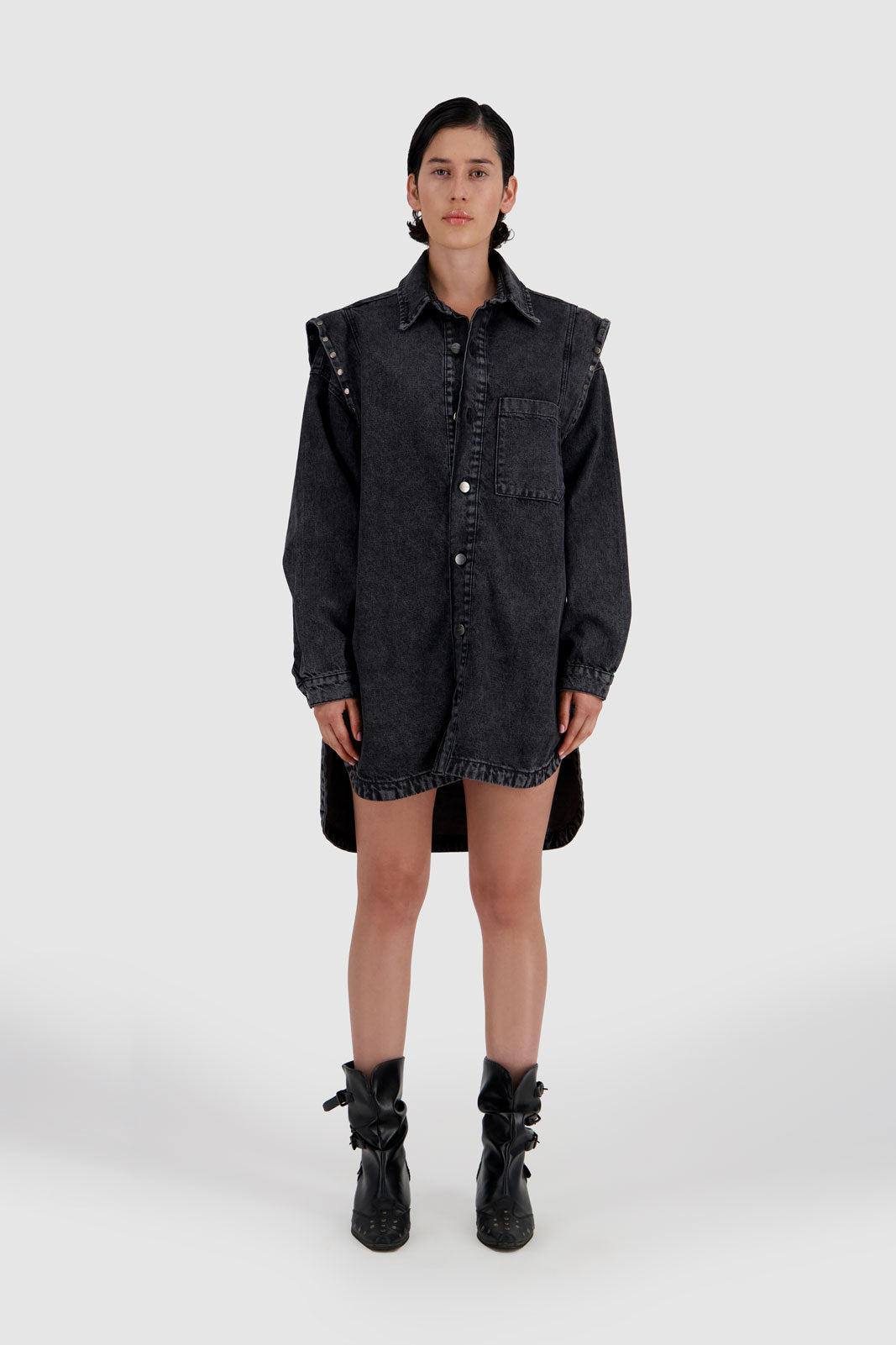 Shirt Dress with Studded Shoulder-Black Stone Wash