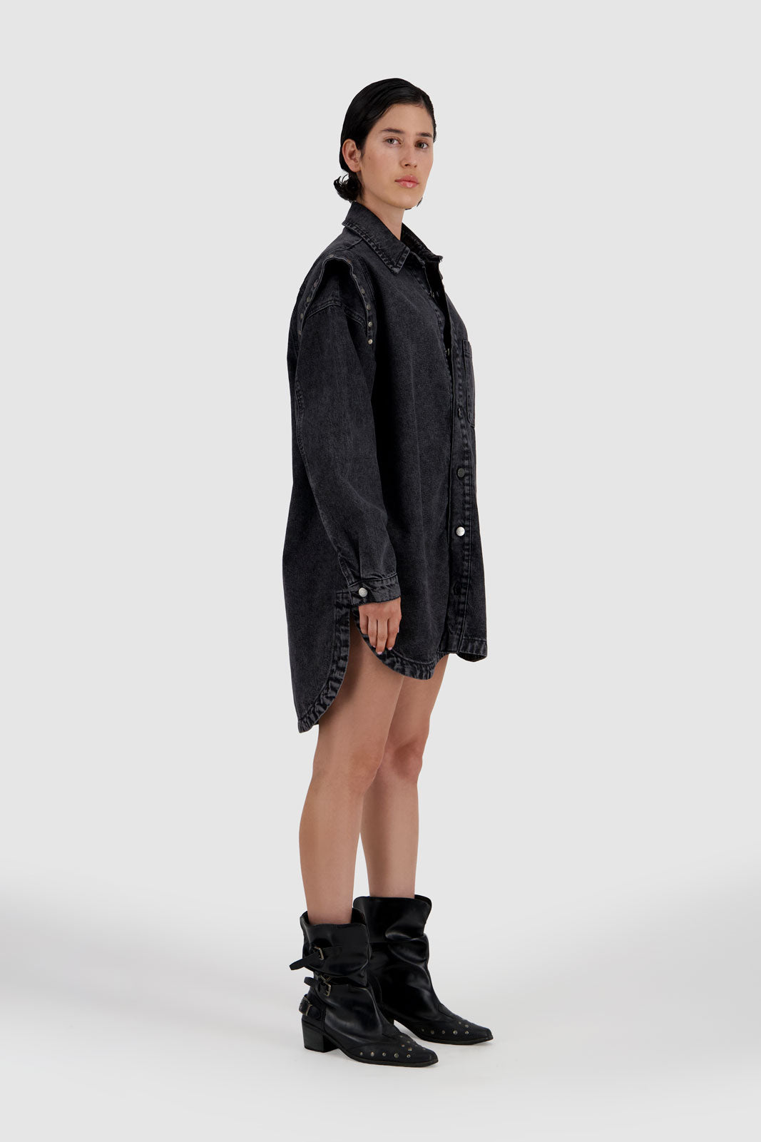 Shirt Dress with Studded Shoulder-Black Stone Wash