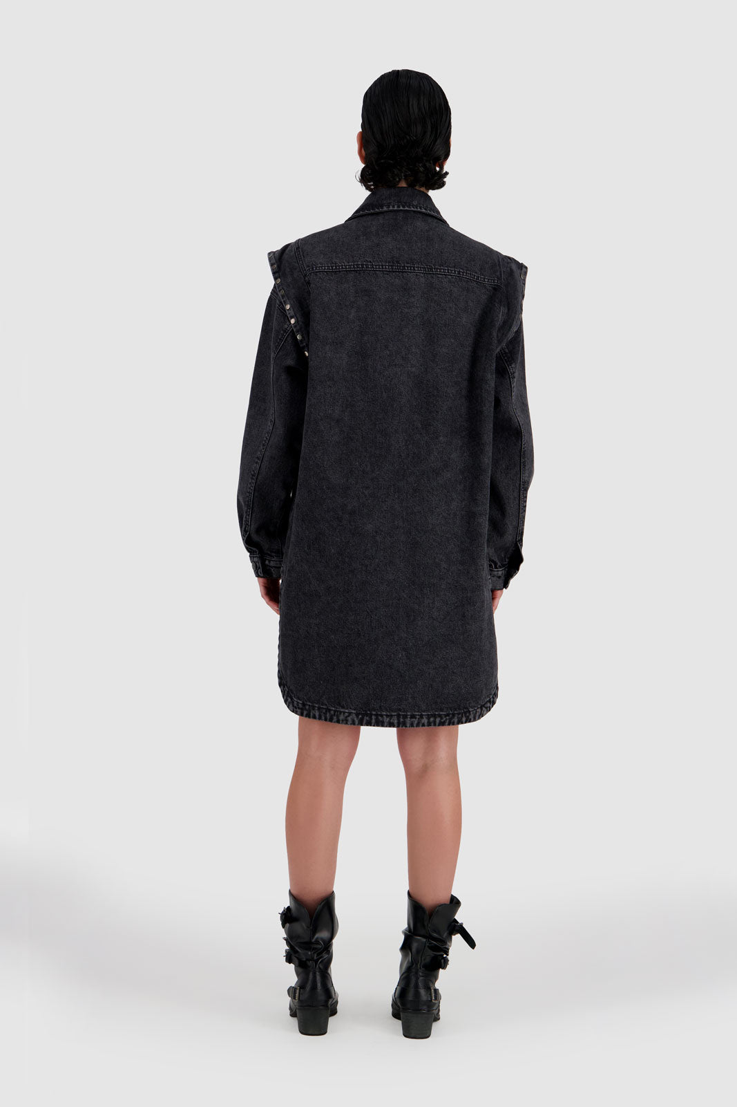 Shirt Dress with Studded Shoulder-Black Stone Wash
