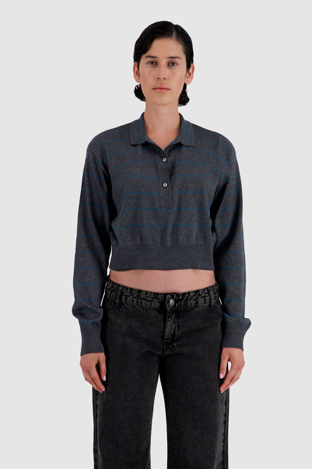 Long Sleeve Cropped Polo - Grey x Teal
