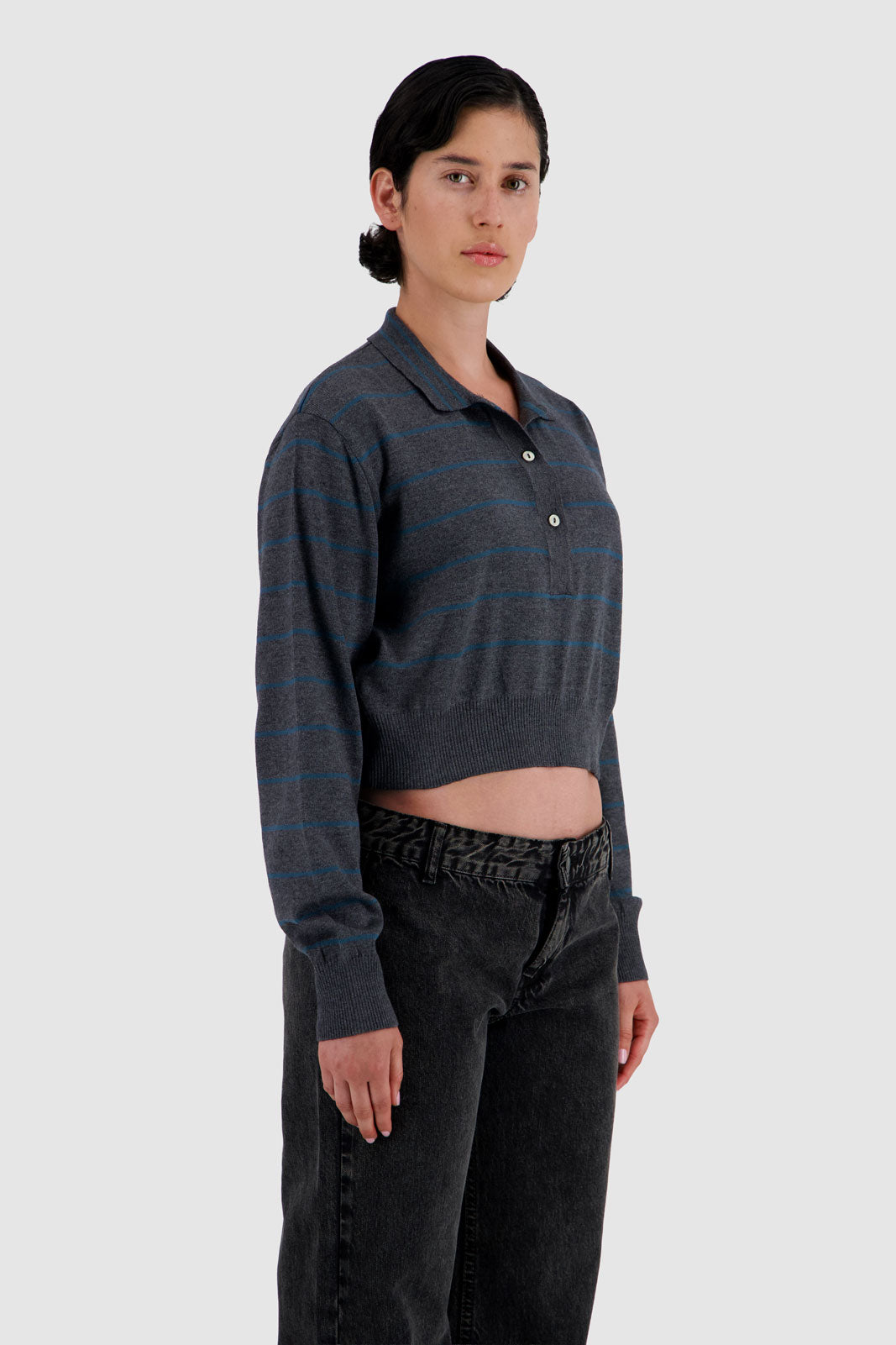 Long Sleeve Cropped Polo - Grey x Teal