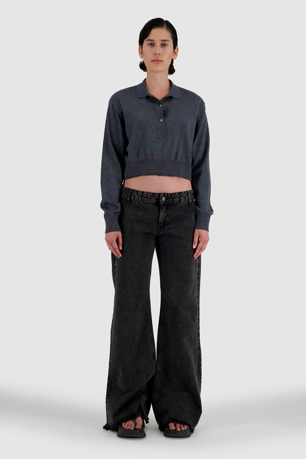 Long Sleeve Cropped Polo - Grey x Teal