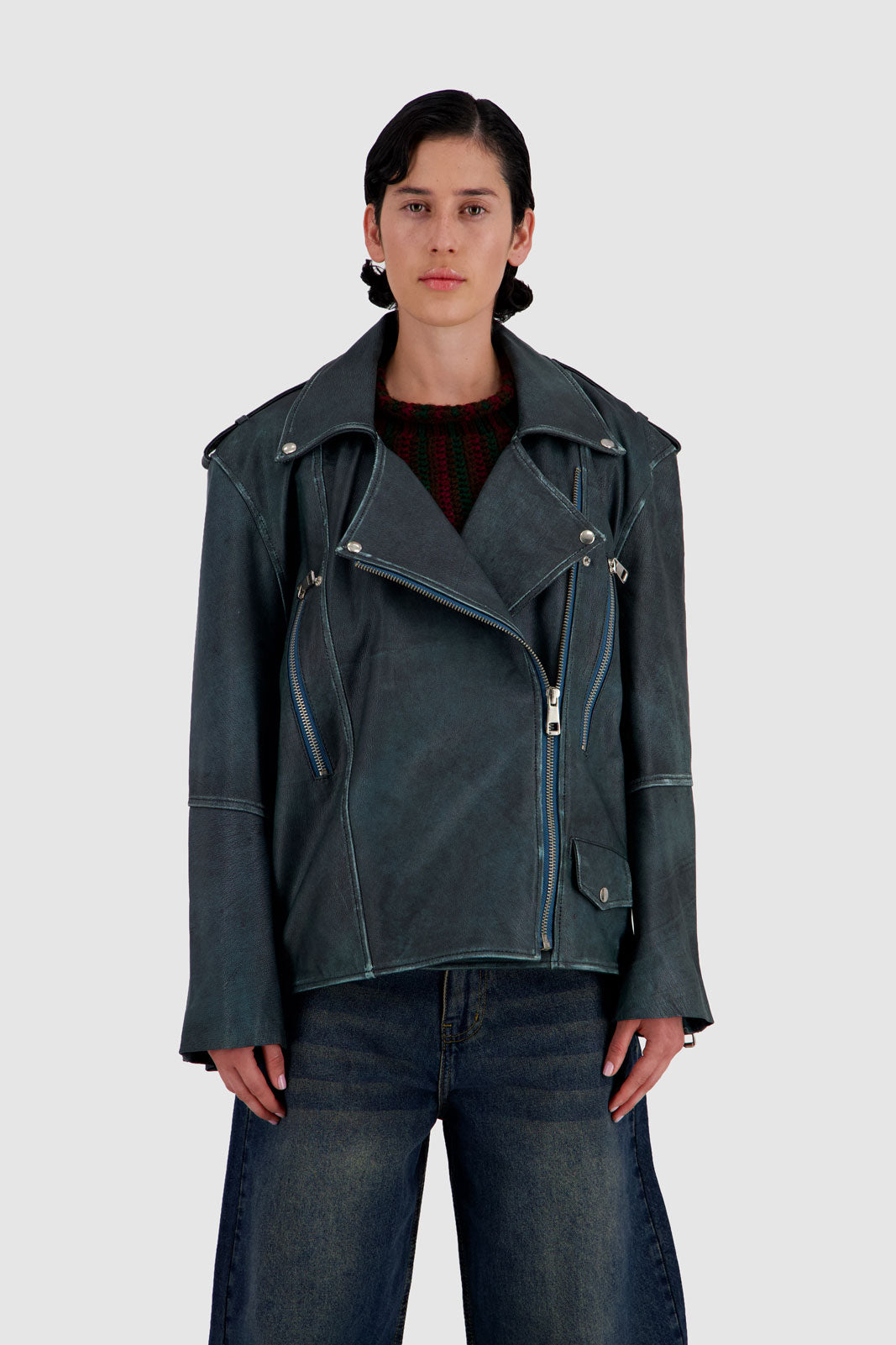 Leather Jacket Teal Blue