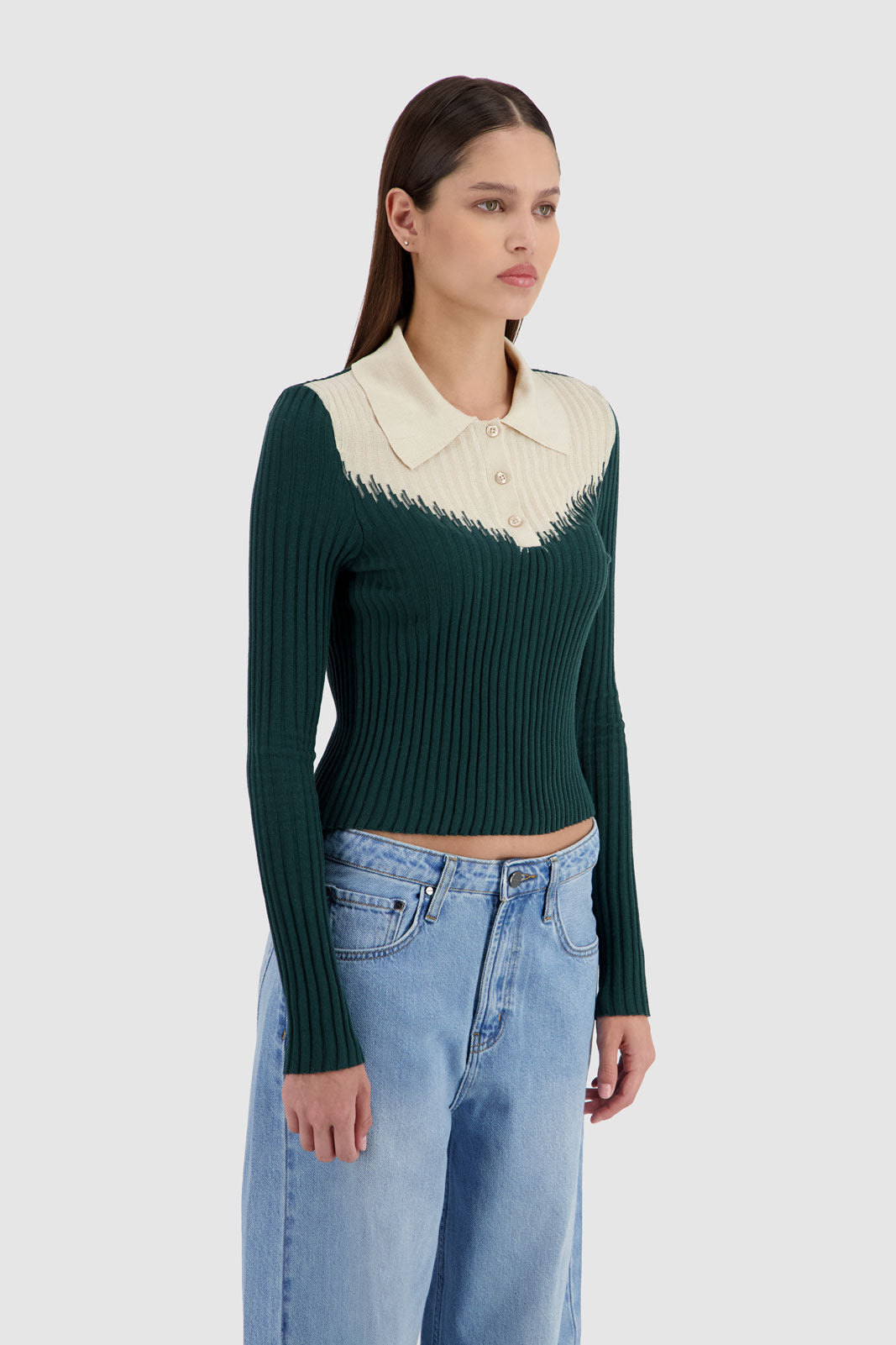 Long Sleeves Two Tones Polo - Egret x Stormy