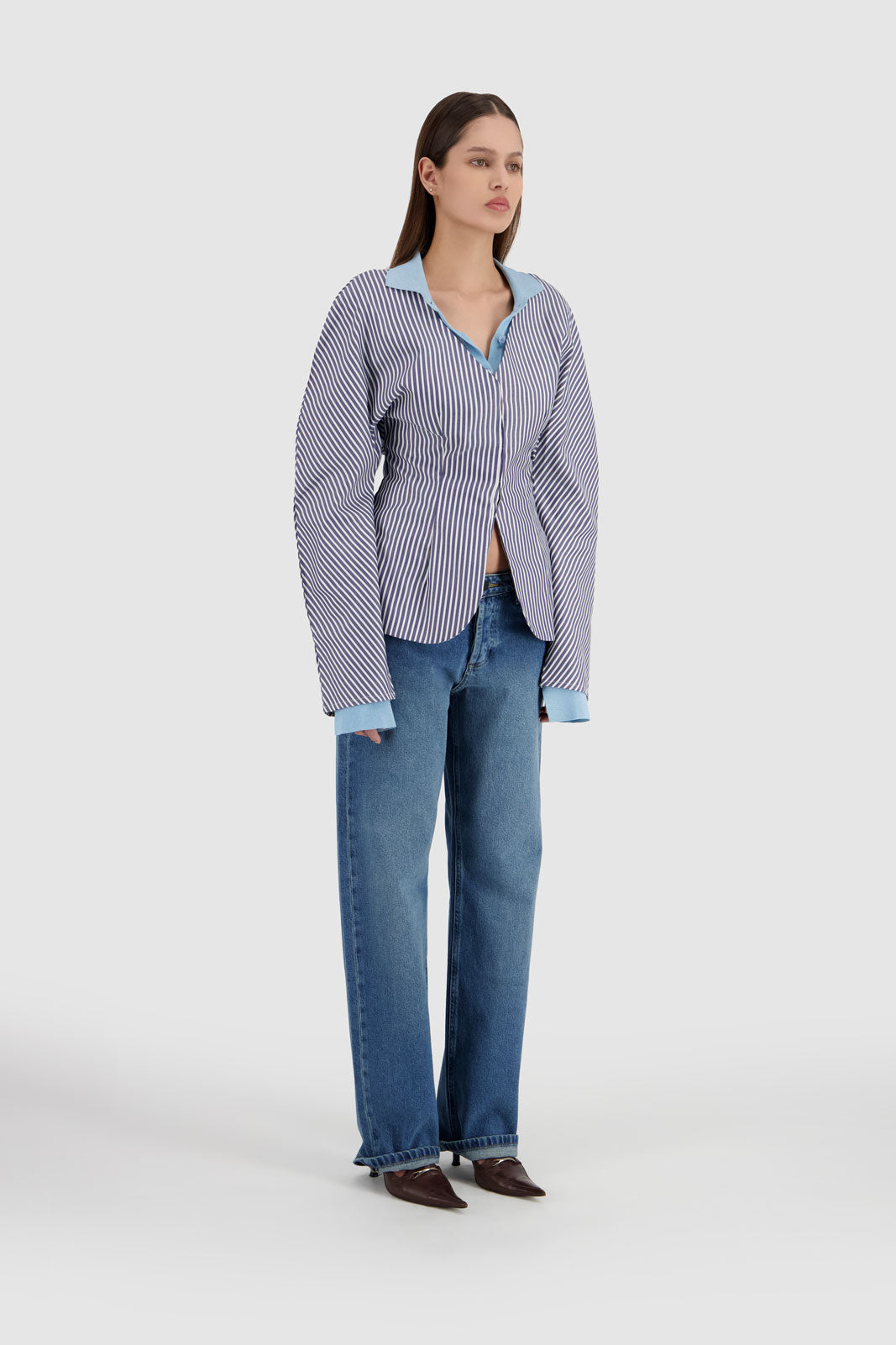 Balloon Sleeves Shirt - Navy & White Stripes
