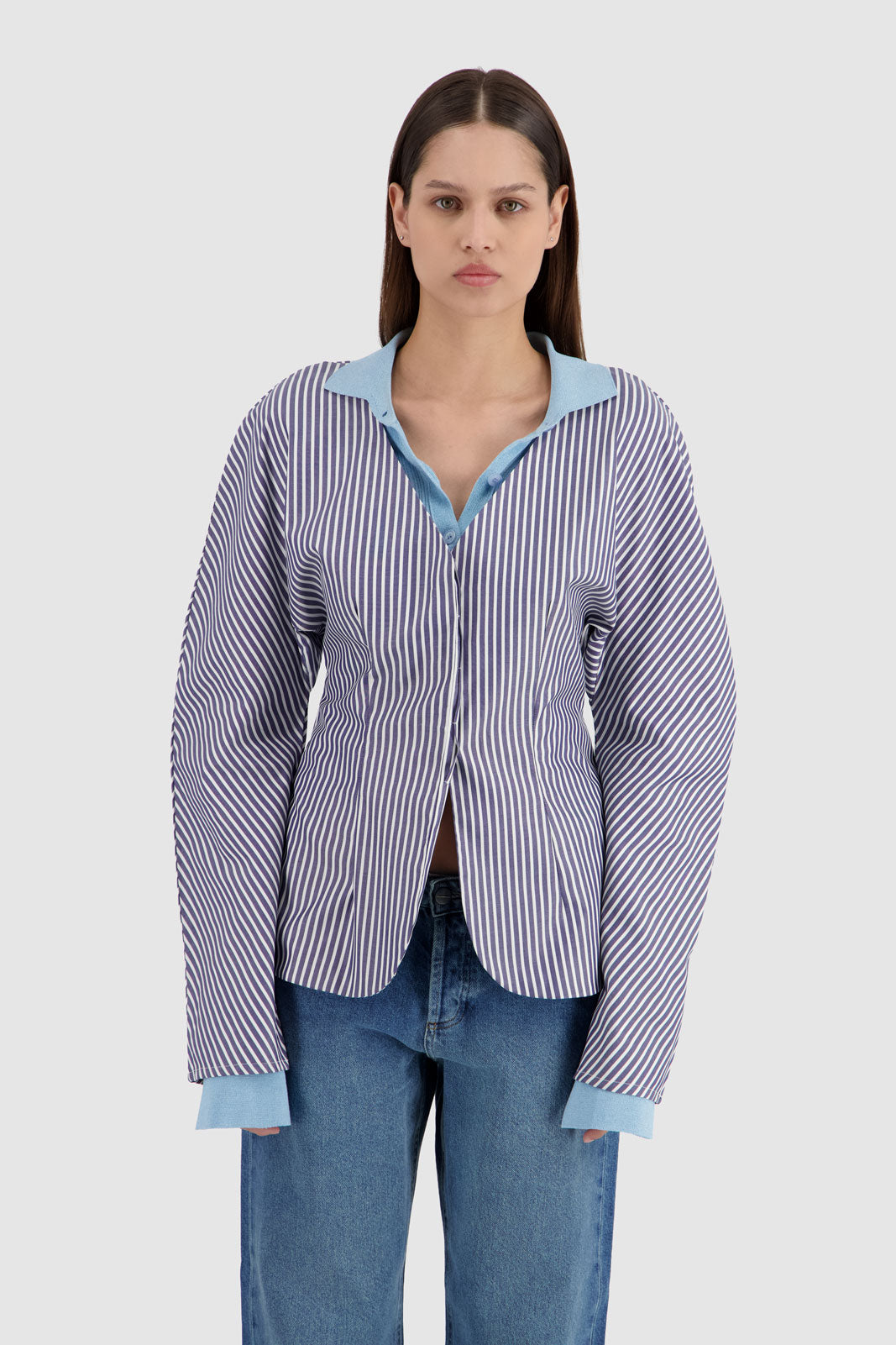 Balloon Sleeves Shirt - Navy & White Stripes