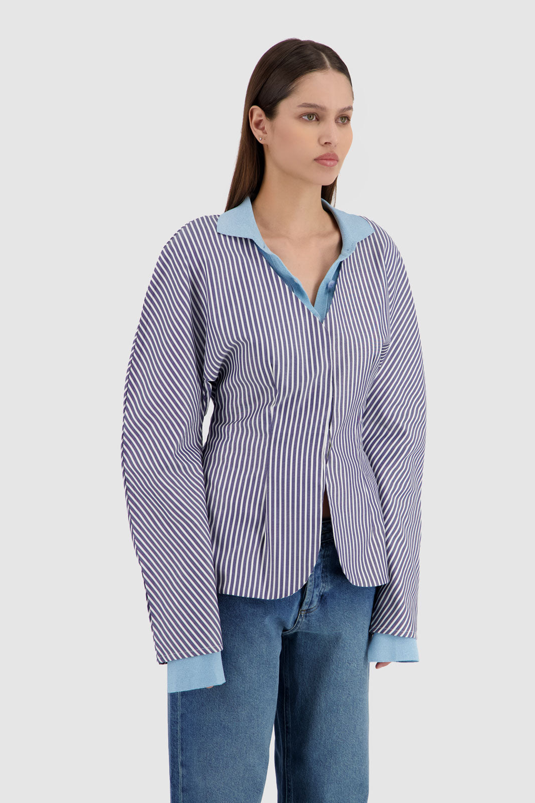 Balloon Sleeves Shirt - Navy & White Stripes
