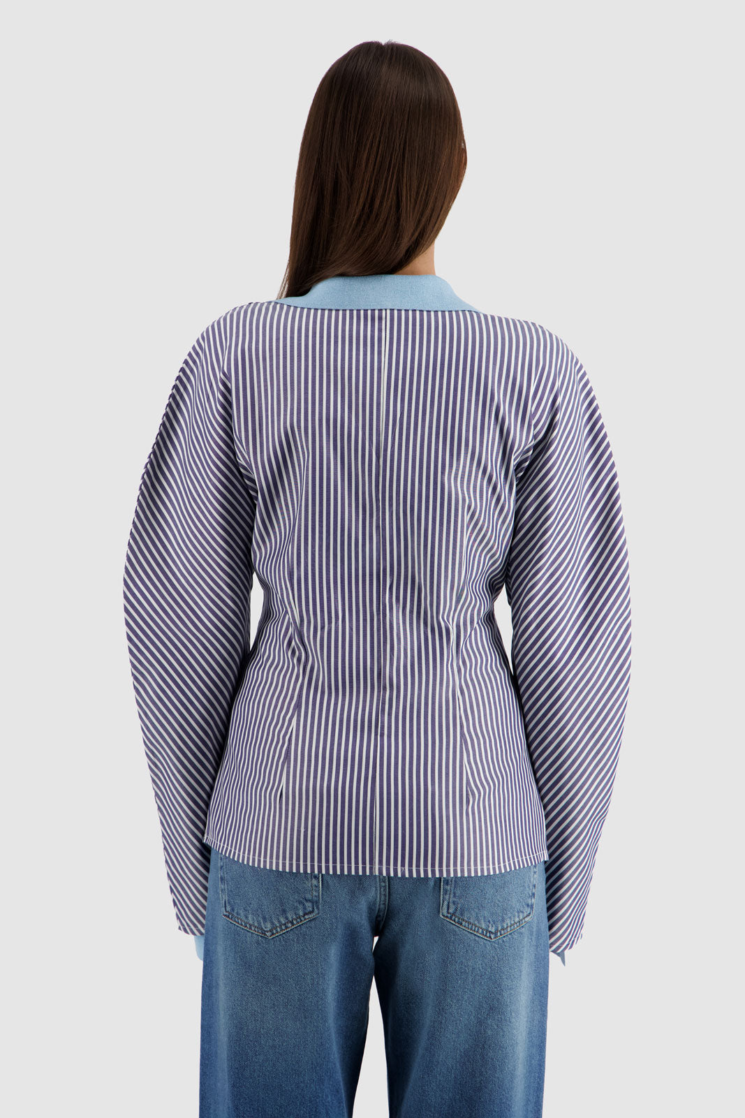 Balloon Sleeves Shirt - Navy & White Stripes