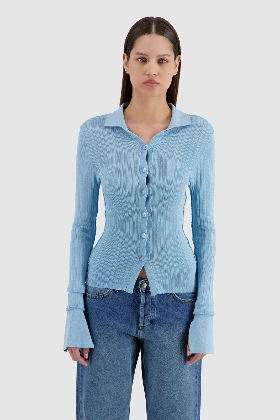 Shirt With Sleeve Cuff Slit - Blue