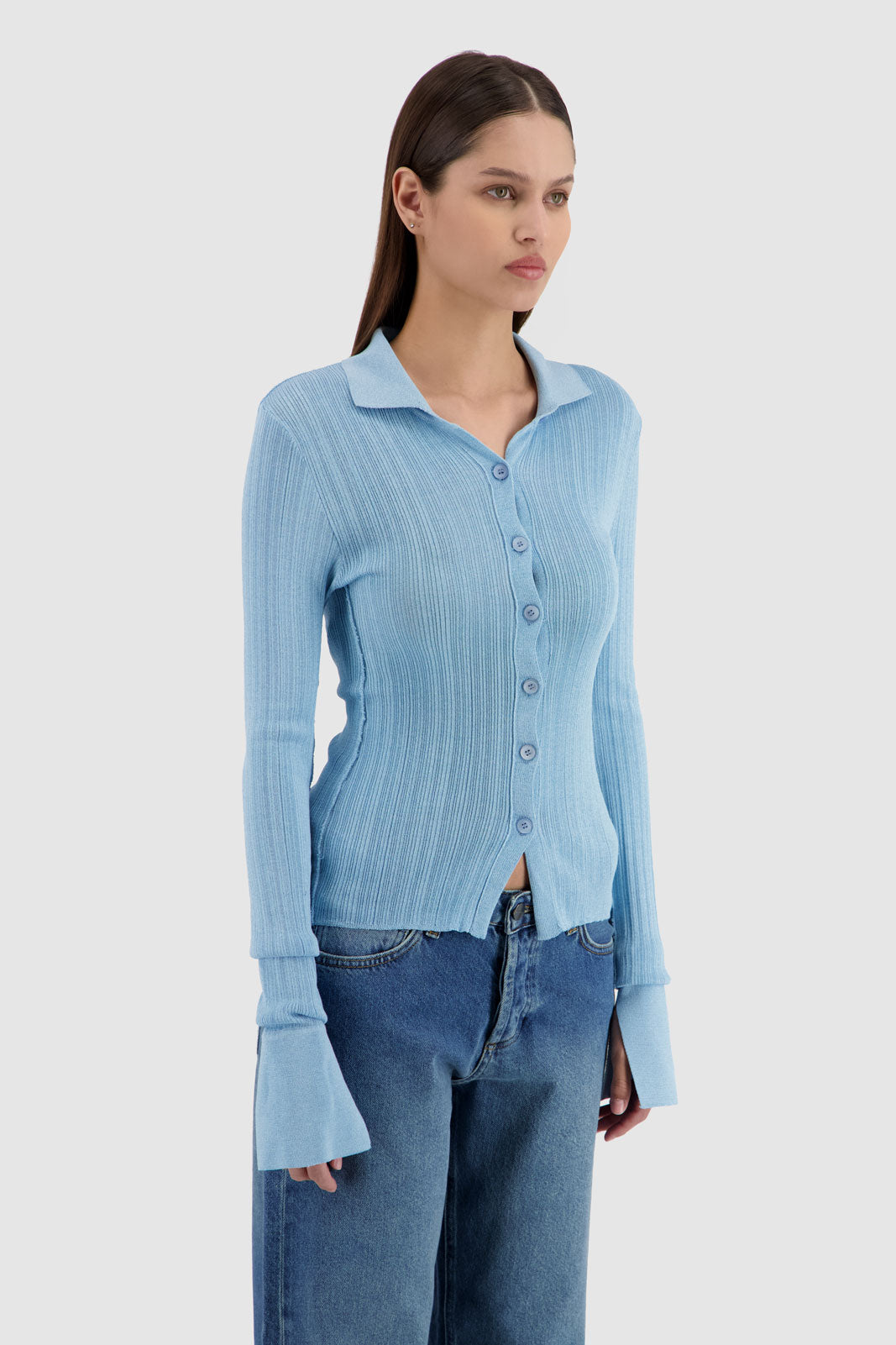Shirt With Sleeve Cuff Slit - Blue